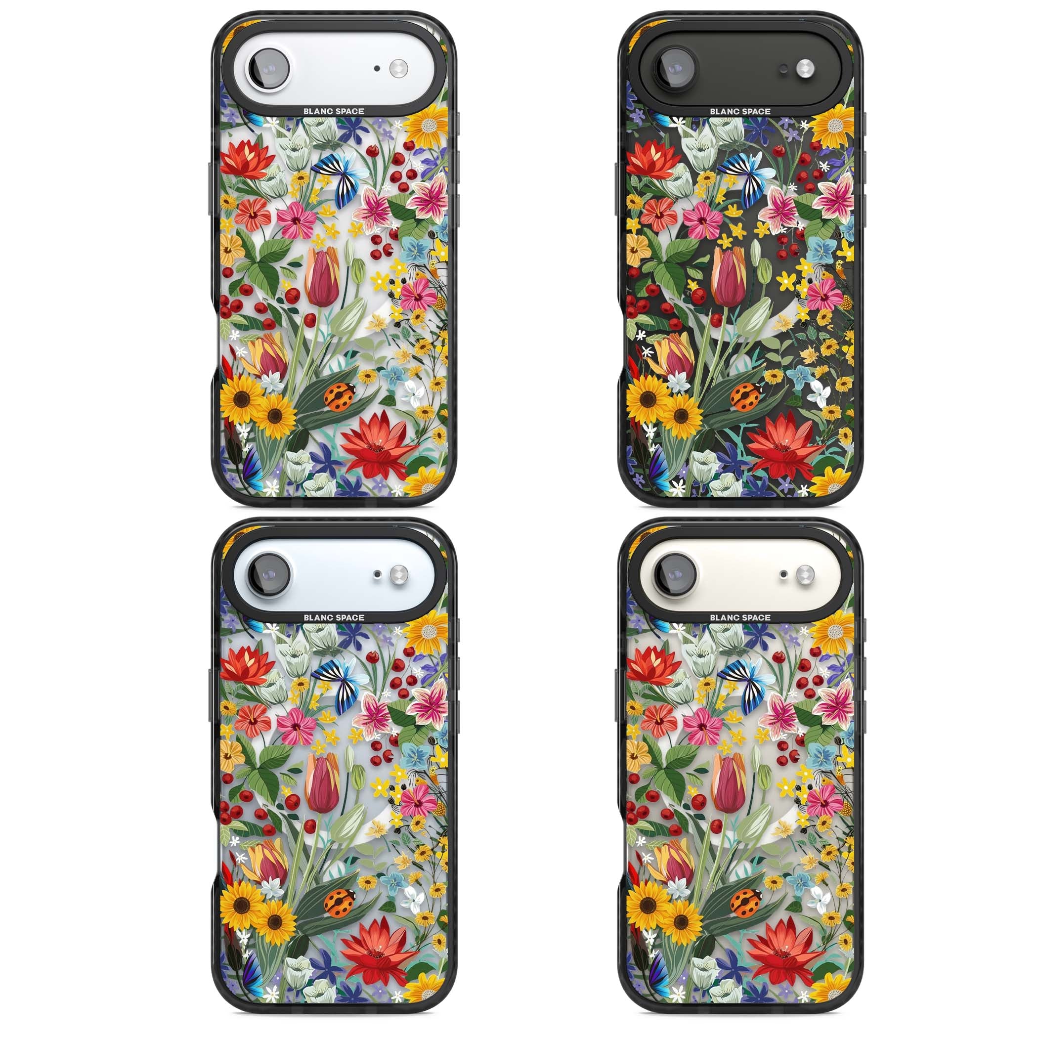 Botanical Bloom cottagecore iPhone case featuring colorful wildflowers, sunflowers, and ladybugs on clear background | Black Impact Magsafe case for iPhone Air