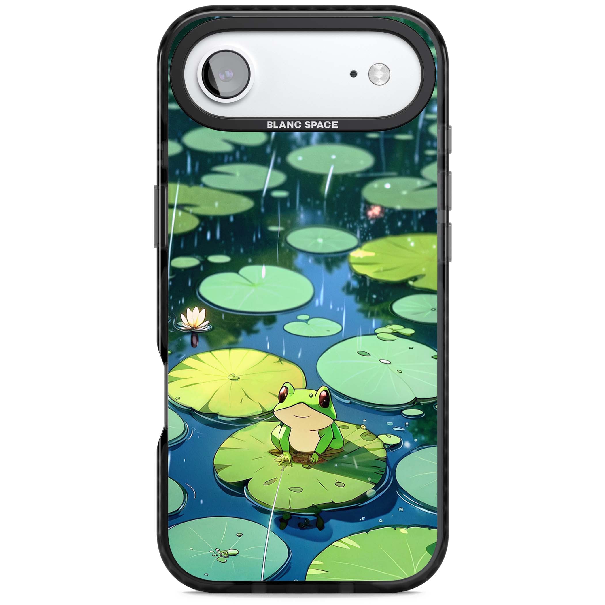 Frog In Lily Pond cottagecore iPhone case featuring a cute green frog on a lily pad with falling rain and a lotus flower | Black Impact Magsafe case for iPhone Air