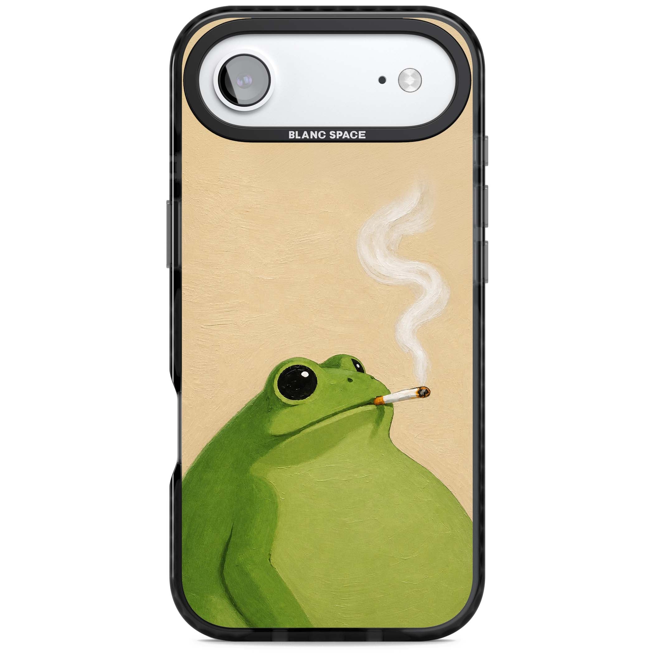 The Smoking Frog cottagecore iPhone case featuring a hand-painted green frog smoking a cigarette on a cream oil painting back | Black Impact Magsafe case for iPhone Air