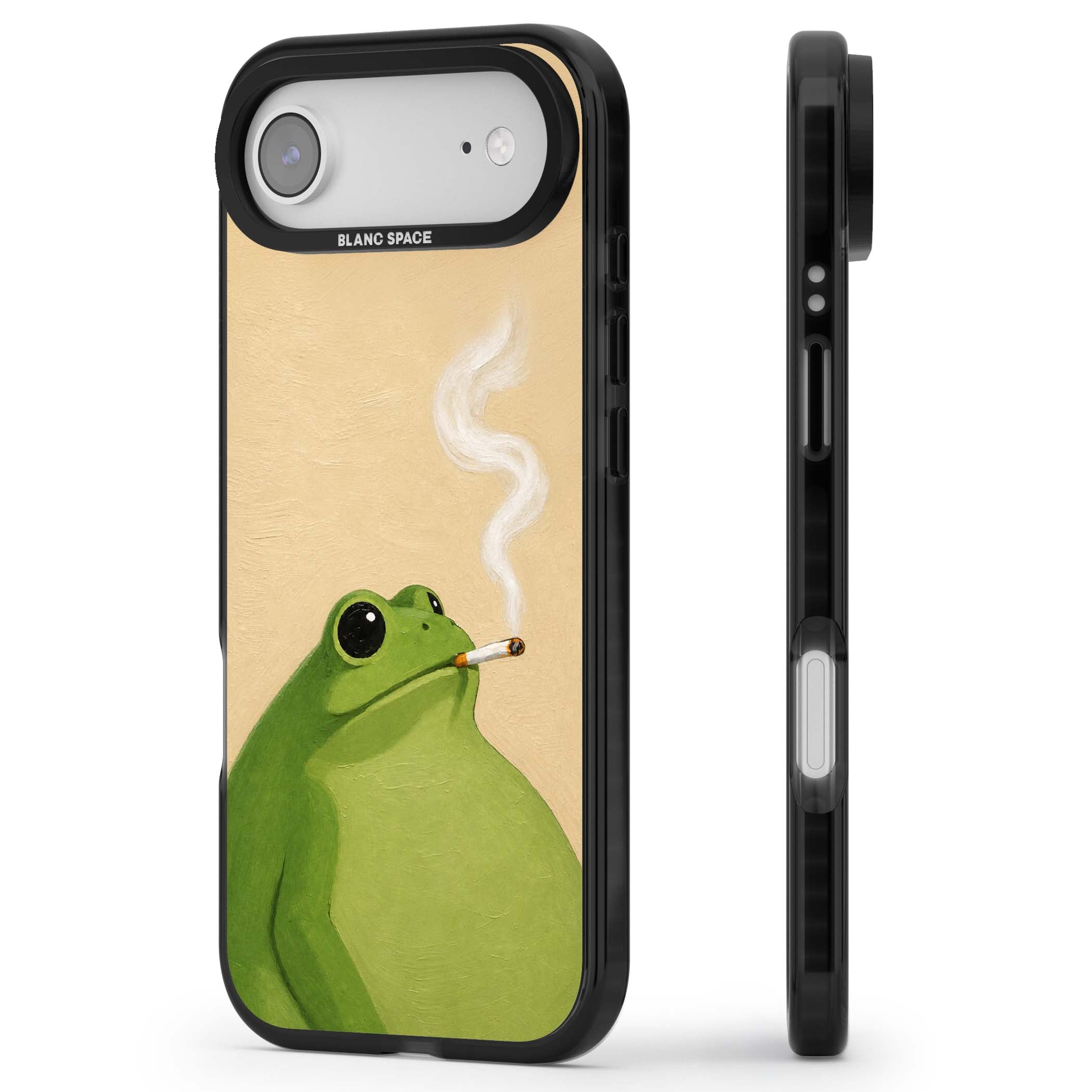 The Smoking Frog cottagecore iPhone case featuring a hand-painted green frog smoking a cigarette on a cream oil painting back | Black Impact Magsafe case for iPhone Air