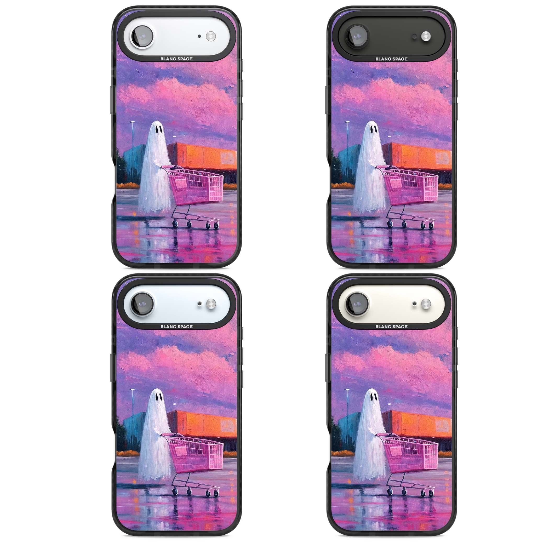 A Ghost's Errand ghost halloween iPhone case featuring a painted ghost, pink shopping trolley and purple sunset sky | Black Impact Magsafe case for iPhone Air