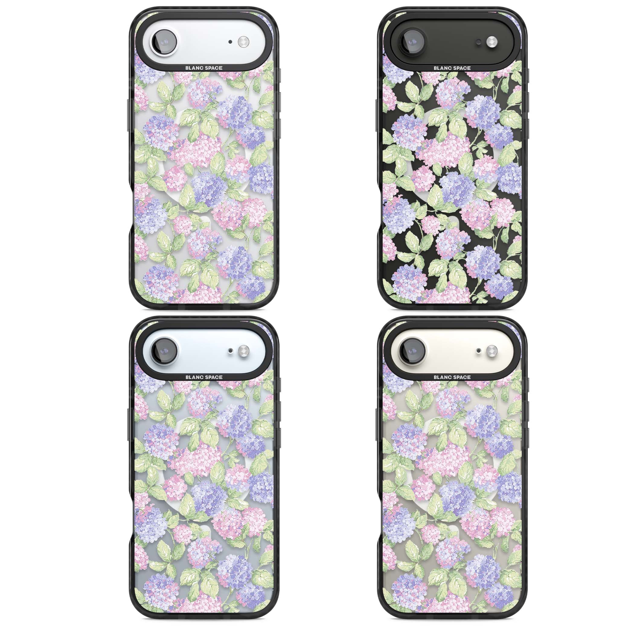 Cottage Hydrangea cottagecore iPhone case featuring pink and purple hydrangea blooms with green leaves on a clear background | Black Impact Magsafe case for iPhone Air