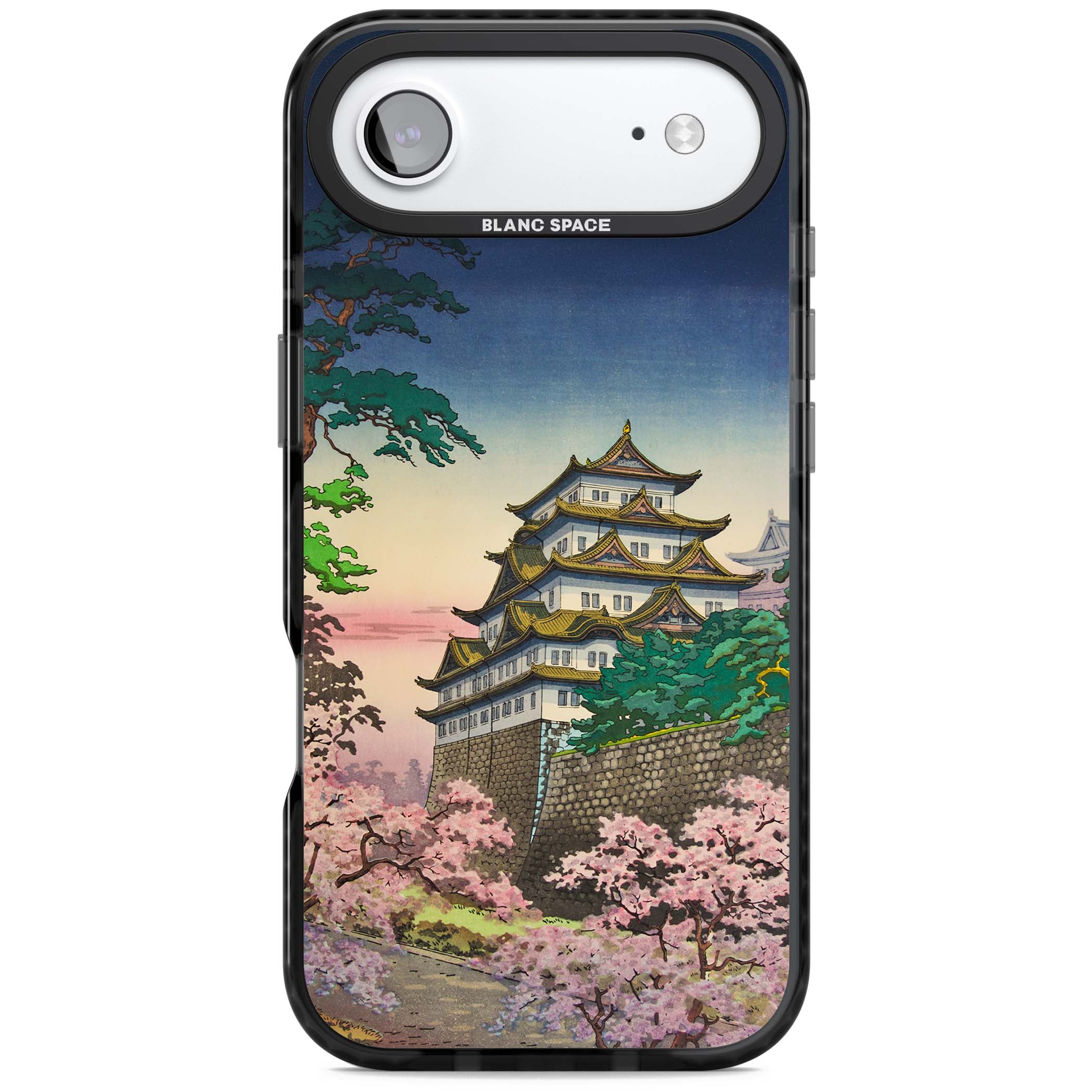 Nagoya Castle Japanese iPhone case featuring a vintage pagoda, twilight sky and cherry blossom trees | Black Impact Magsafe case for iPhone Air