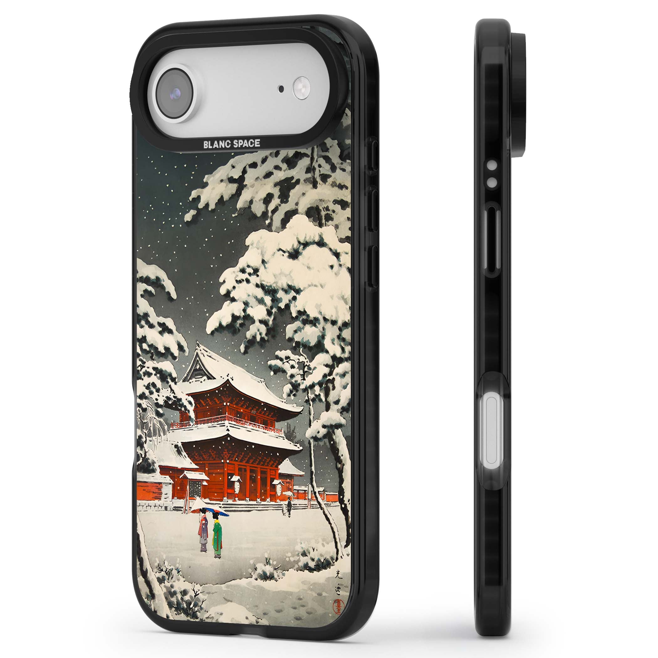 Snow at Shiha Park, Tokyo Japanese art iPhone case featuring a vintage ukiyo-e snowy temple, red pagoda, and snow-covered pin | Black Impact Magsafe case for iPhone Air