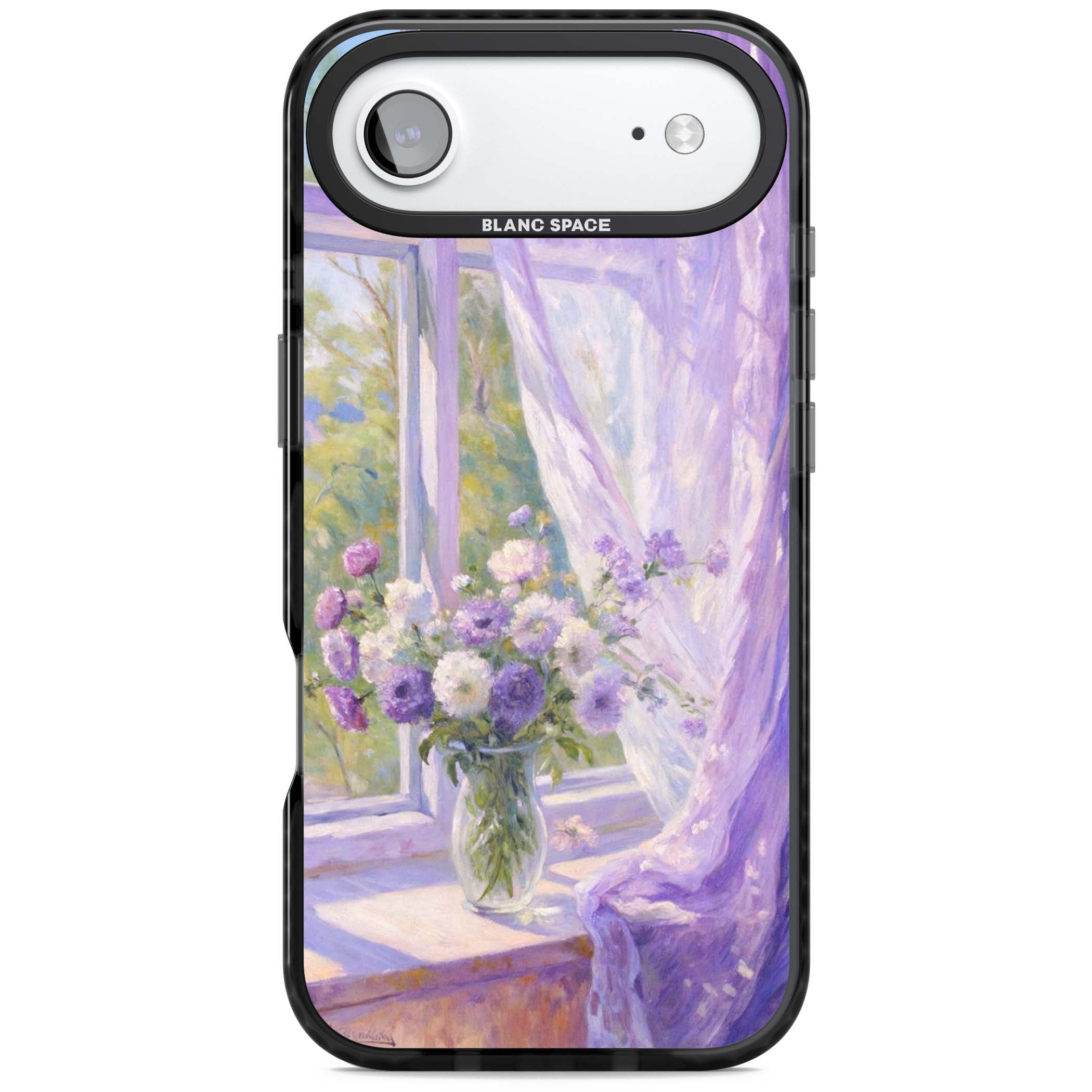 A Provence Morning impressionist art iPhone case featuring a vase of purple flowers, sunlit window and sheer curt | Black Impact Magsafe case for iPhone Air