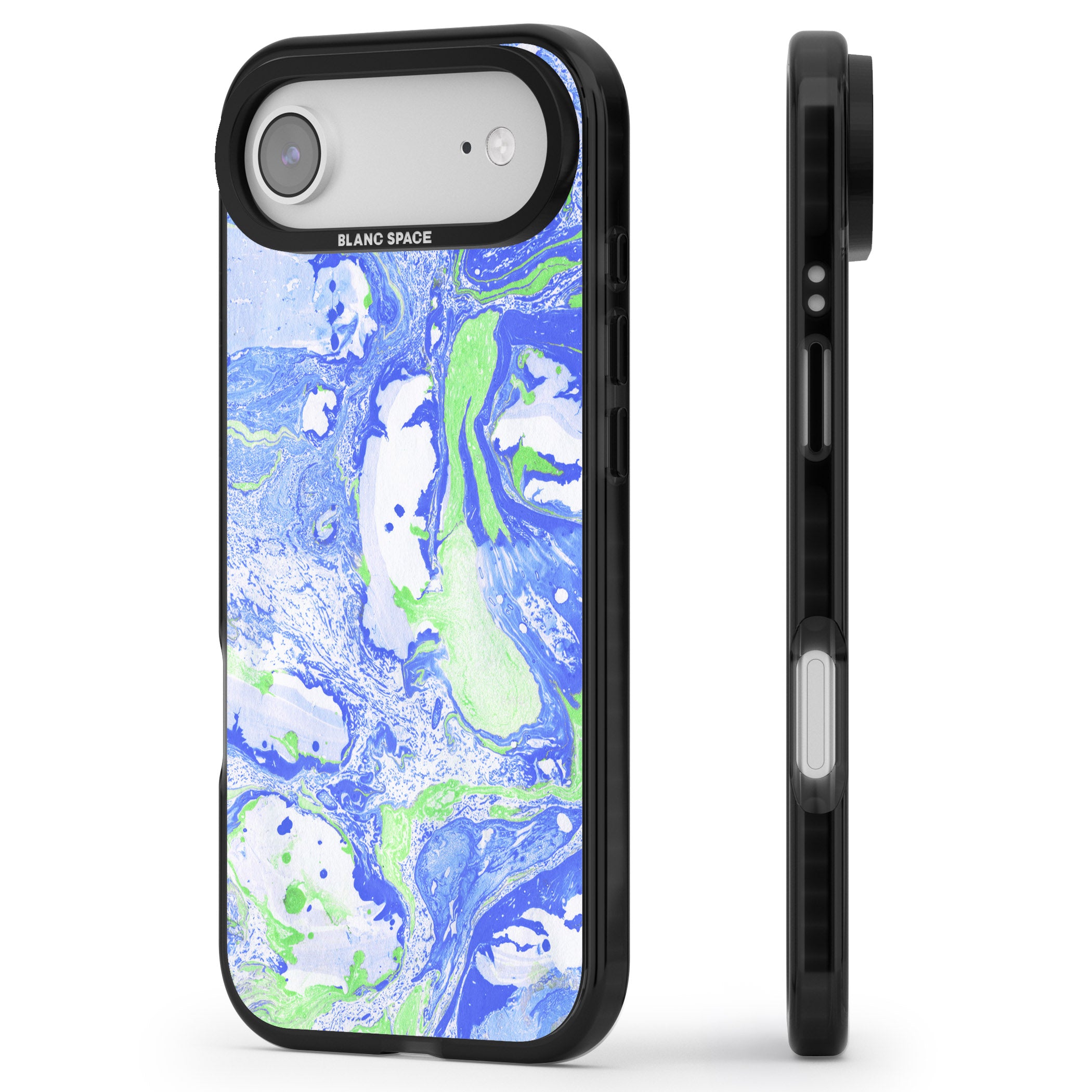 Dark Blue & Green Marbled Paper Pattern iPhone 17 Air Impact Pro Black Phone Case Side Profile