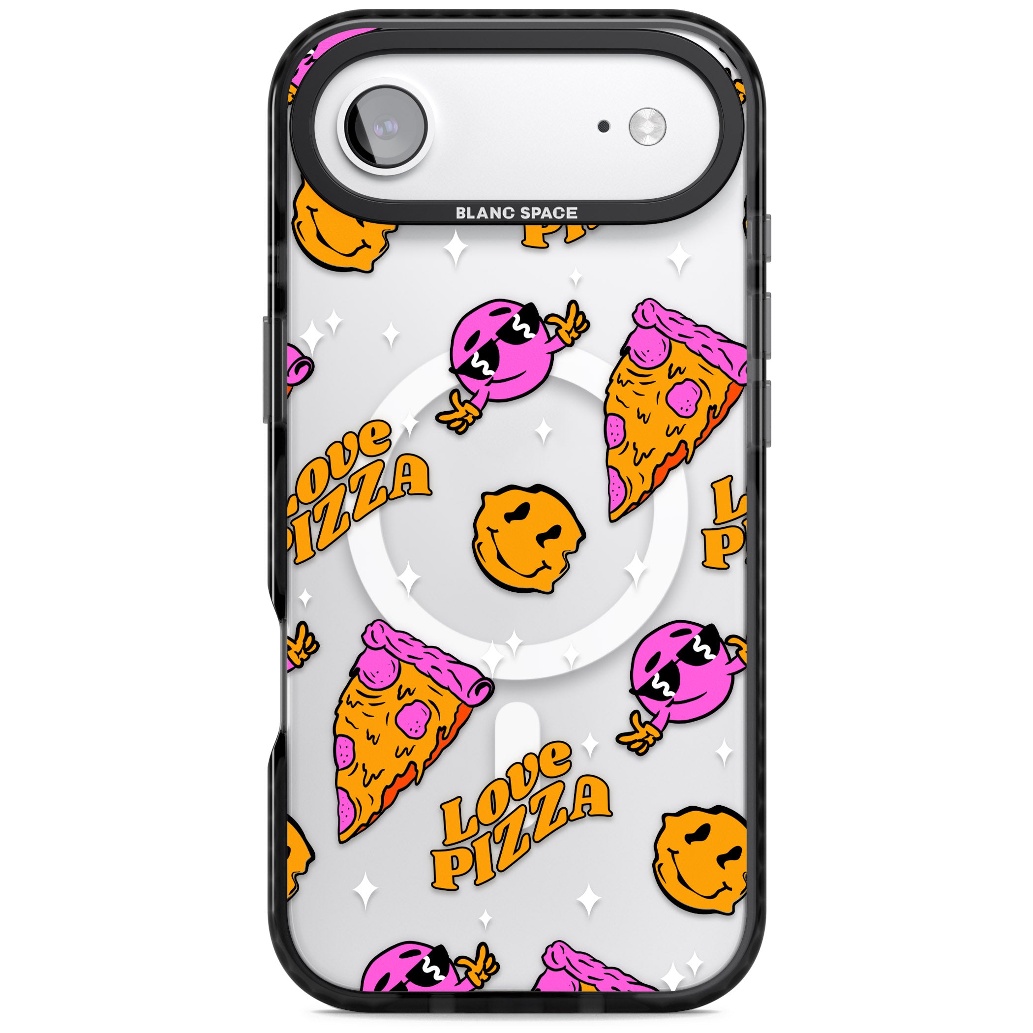 Psychedelic Love Pizza Pattern (Clear) iPhone 17 Air Impact Pro Black Phone Case