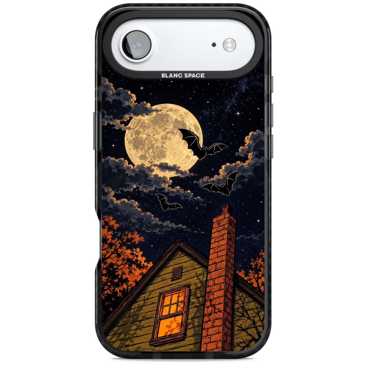 Hollows Eve Halloween iPhone case featuring a haunted house, full moon and flying bats against a starry autumn sky | Black Impact Magsafe case for iPhone Air