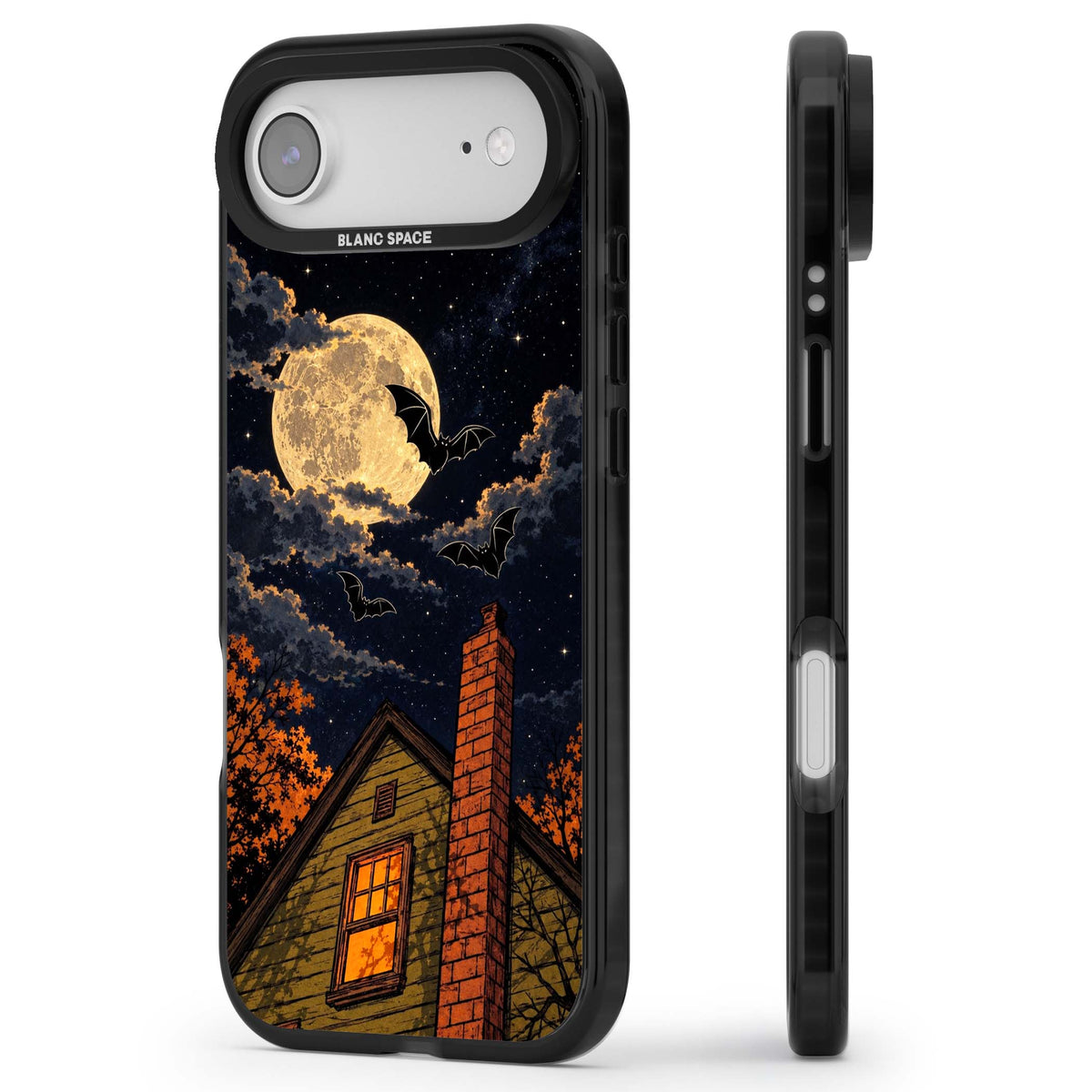 Hollows Eve Halloween iPhone case featuring a haunted house, full moon and flying bats against a starry autumn sky | Black Impact Magsafe case for iPhone Air