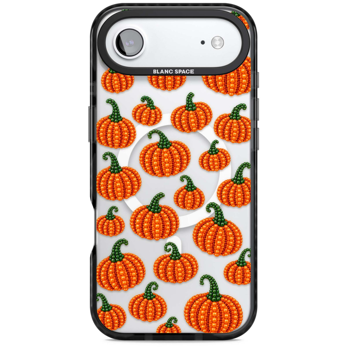 Beaded Pumpkins halloween iPhone case featuring beaded orange pumpkins with green stems on a clear background | Black Impact Magsafe case for iPhone Air