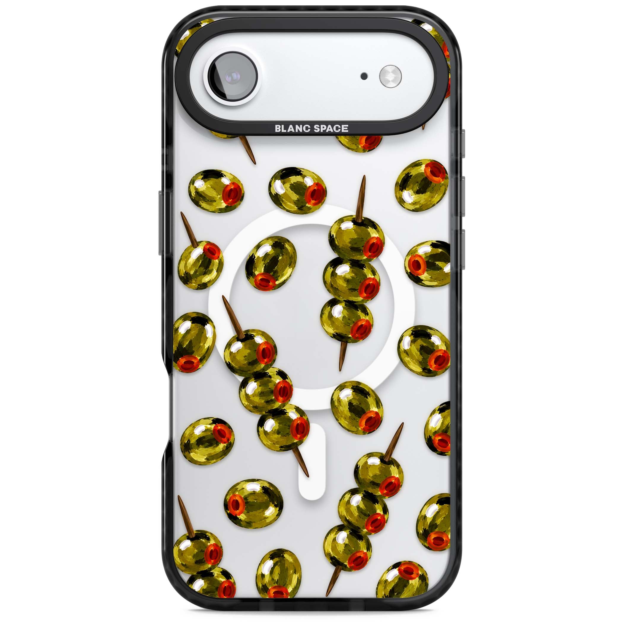 Painted Olives cocktail iPhone case featuring green olives, pimento centres and toothpick skewers on a clear background | Black Impact Magsafe case for iPhone Air