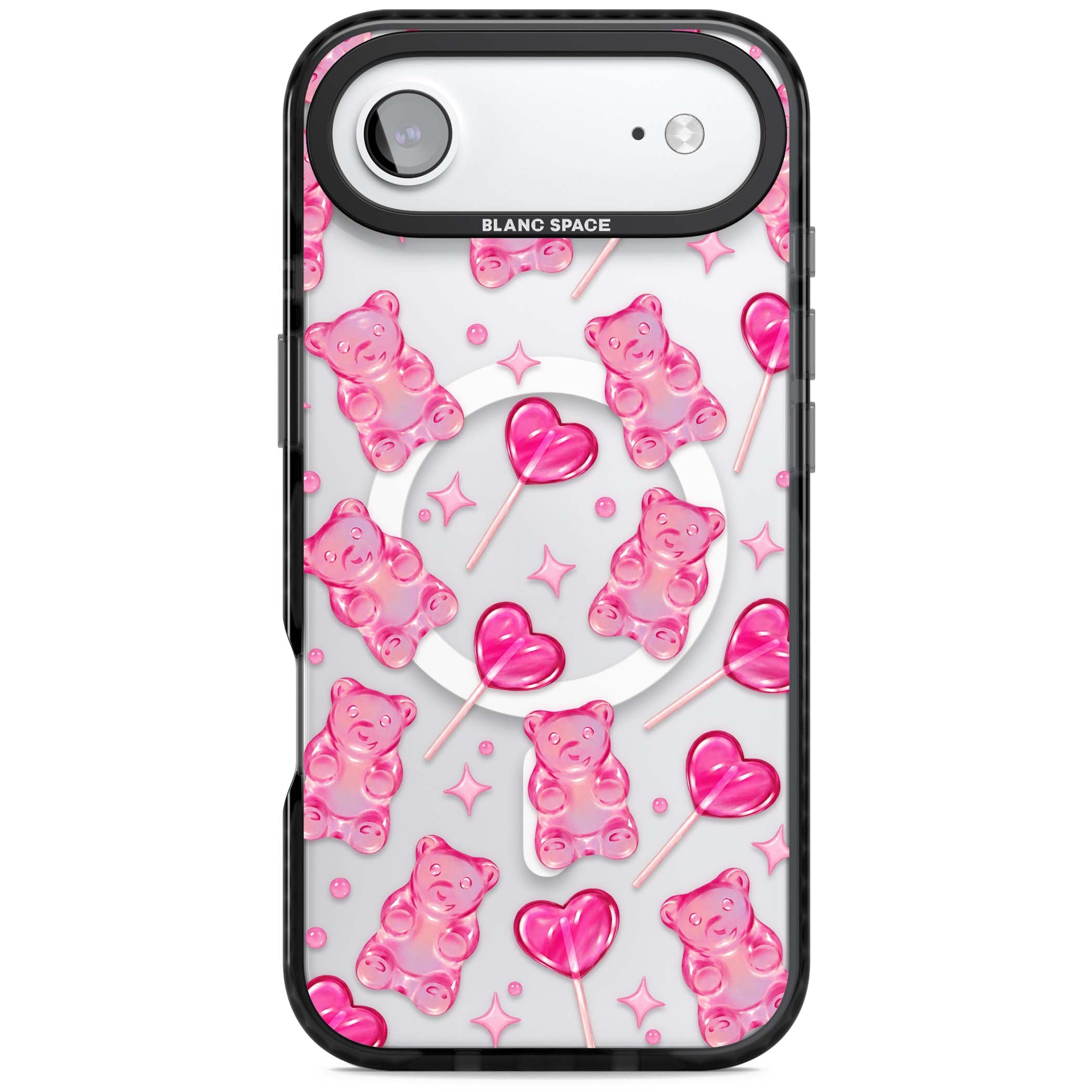 Pink Sugar pinkcore iPhone case featuring pink gummy bears, heart-shaped lollipops and sparkle stars | Black Impact Magsafe case for iPhone Air