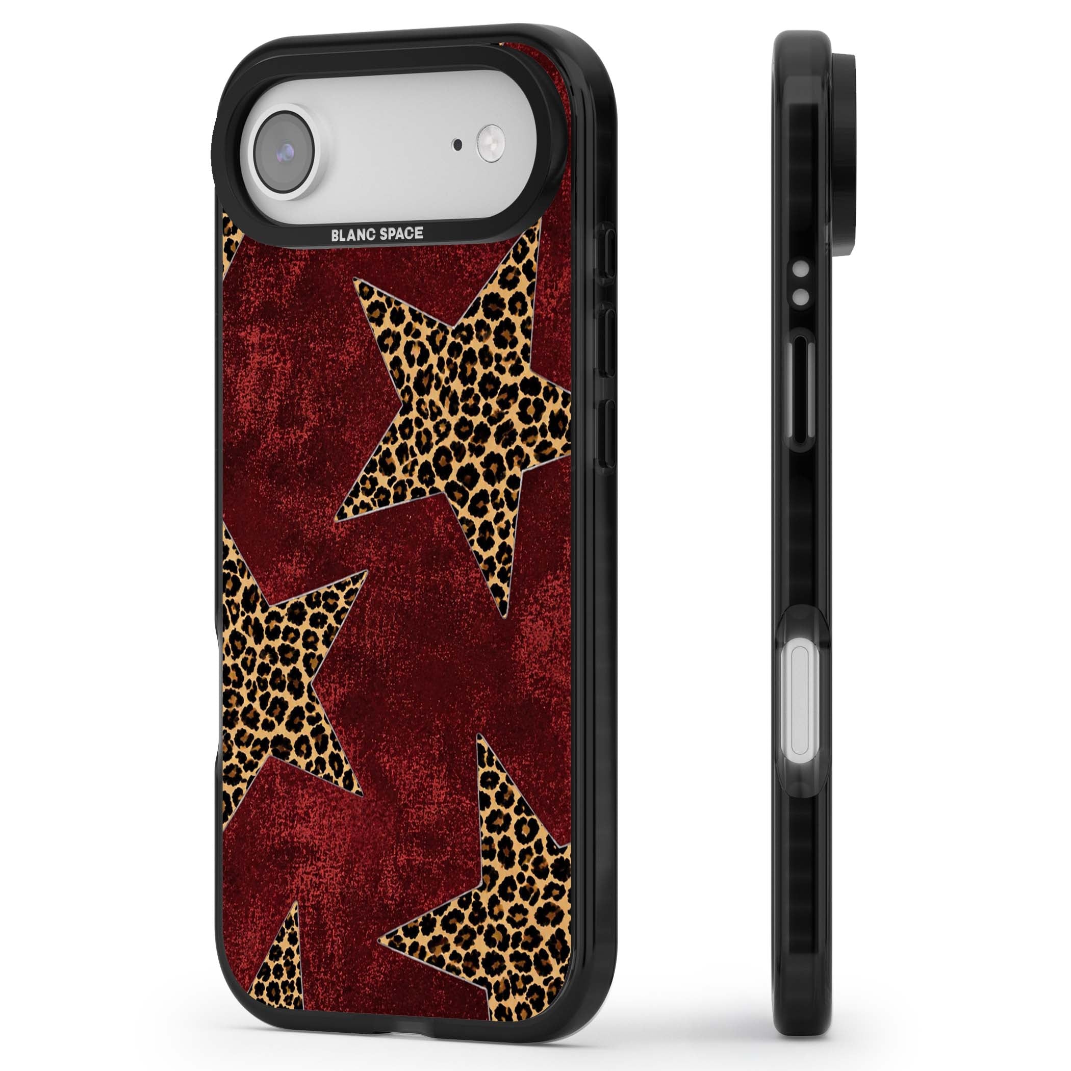 Showgirl leopard print iPhone case featuring cheetah print stars on distressed red grunge background | Black Impact Magsafe case for iPhone Air