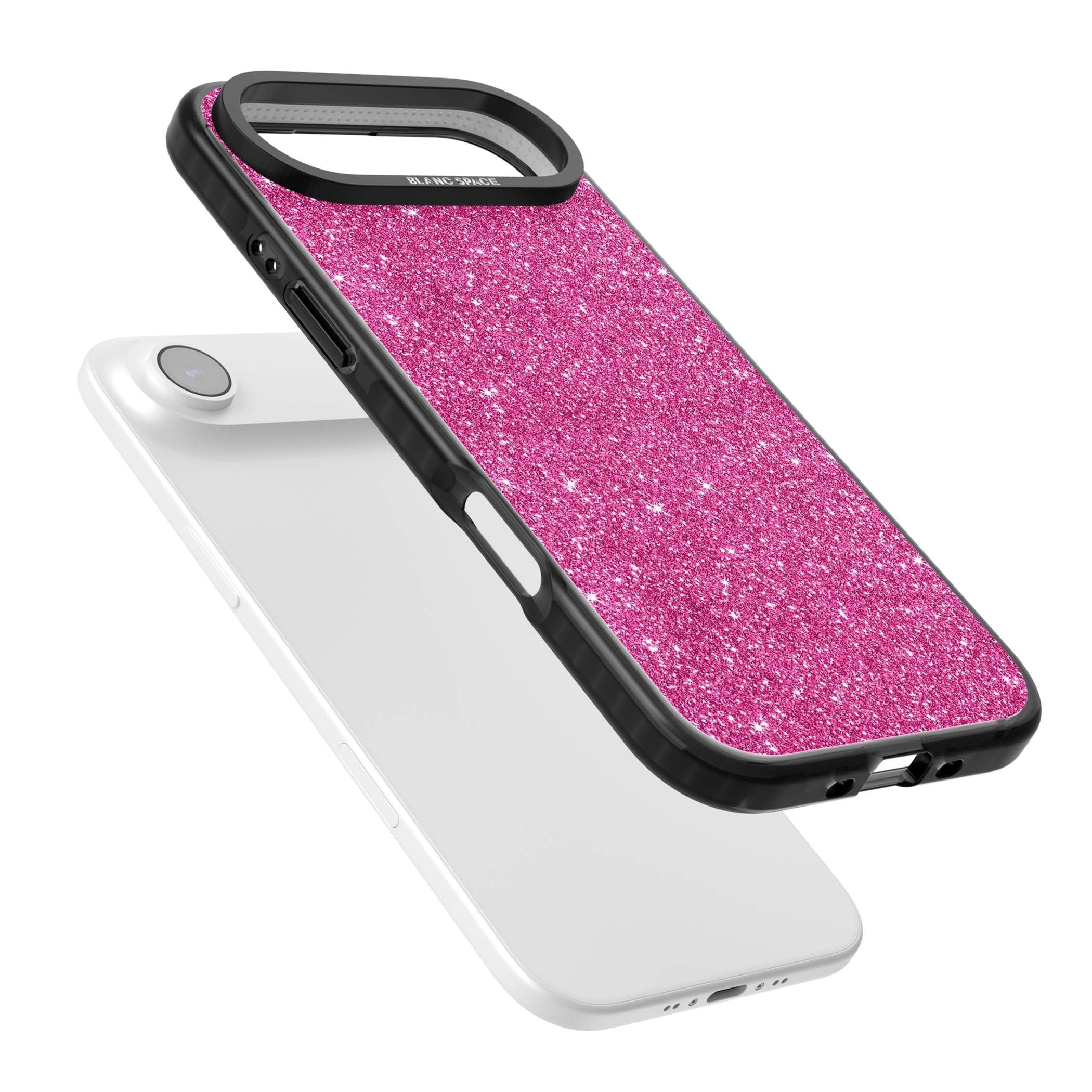 Pink Glitter Y2K iPhone case featuring hot pink glitter wallpaper with sparkle shimmer effect | Black Impact Magsafe case for iPhone Air