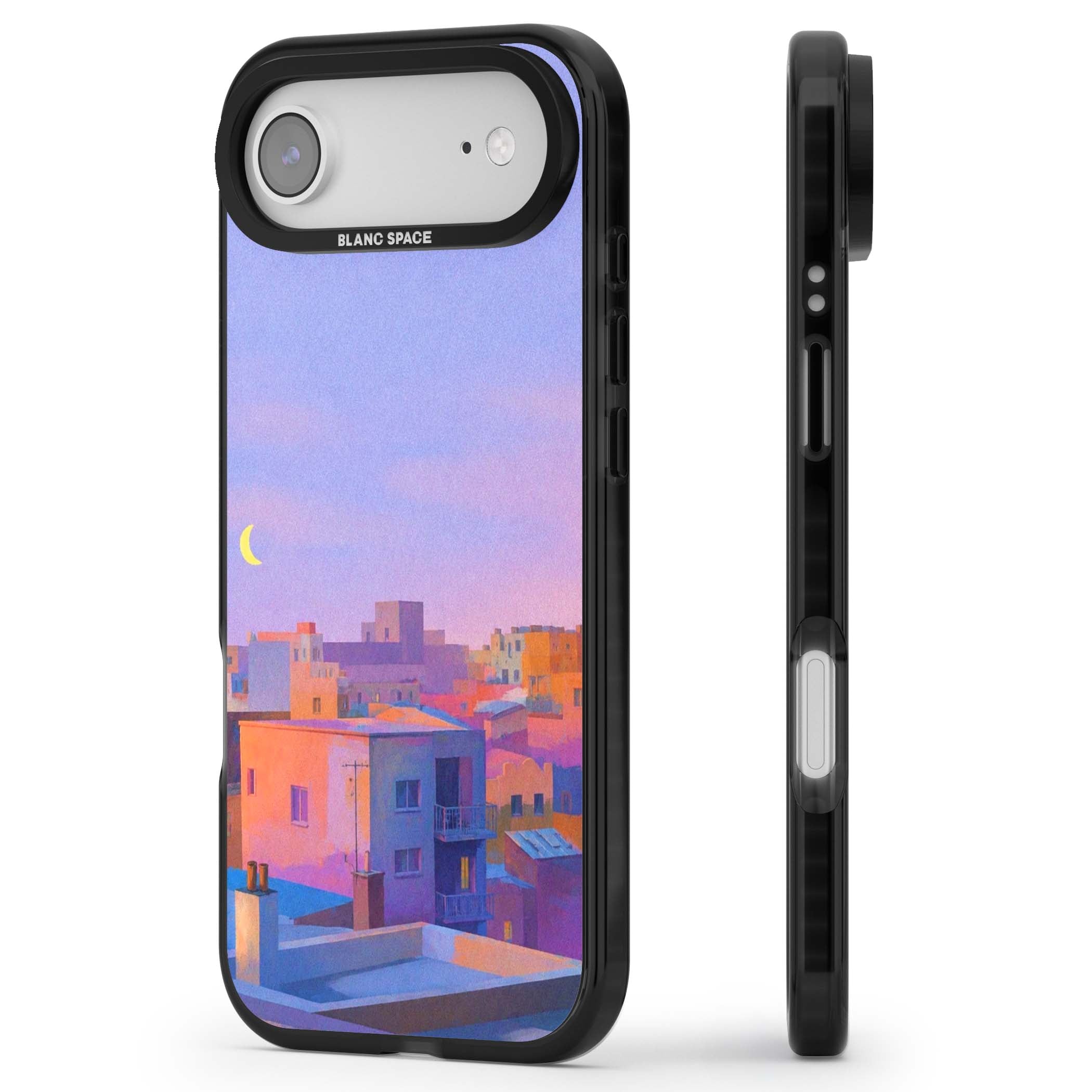 Twilight Rooftops vaporwave iPhone case featuring a pastel sunset cityscape, painted rooftops and a crescent moon. | Black Impact Magsafe case for iPhone Air