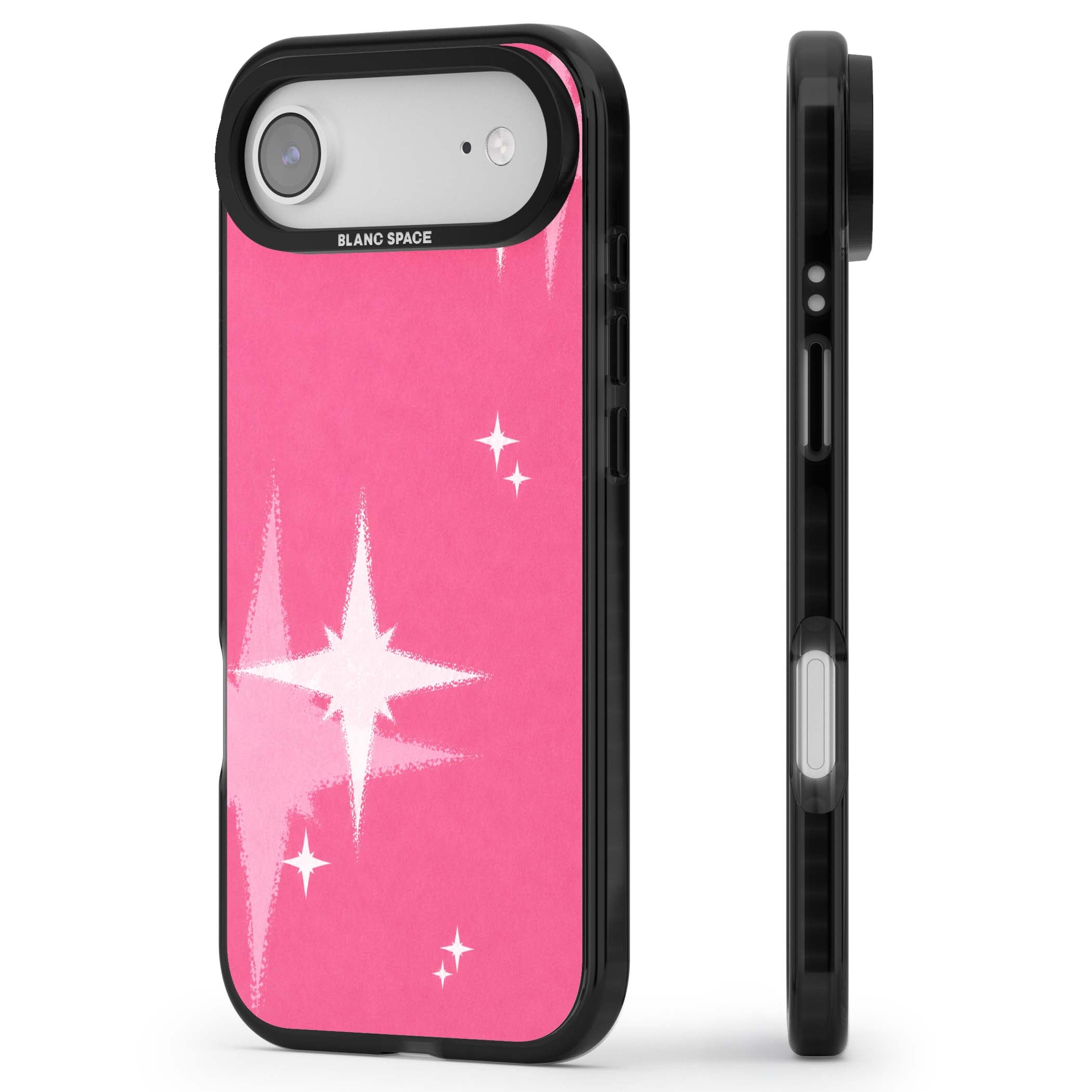 Pink Sparkle Y2K iPhone case featuring hot pink background with shimmering white starburst pattern | Black Impact Magsafe case for iPhone Air