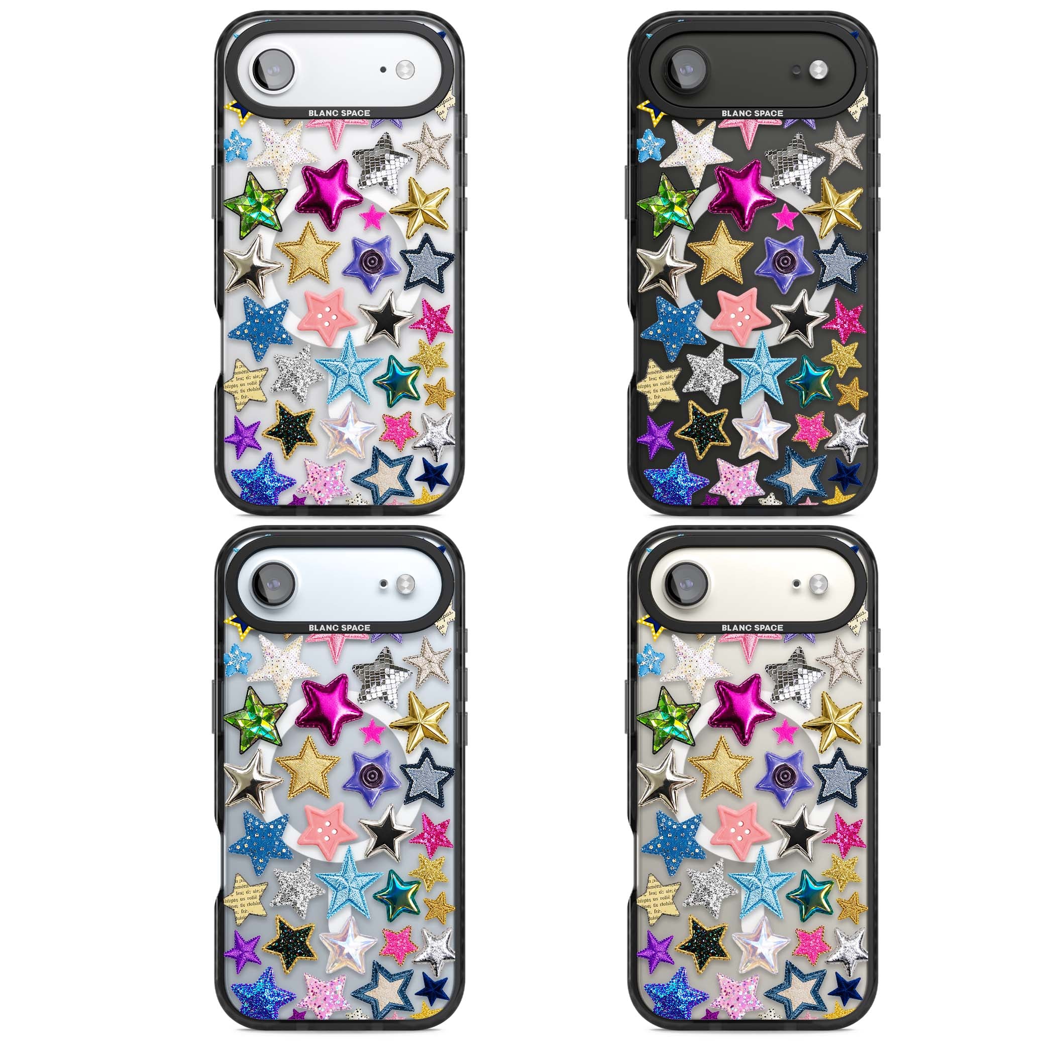 Crafty Star Mix Y2K iPhone case featuring embroidered, sequinned and glitter star patches in rainbow colours | Black Impact Magsafe case for iPhone Air