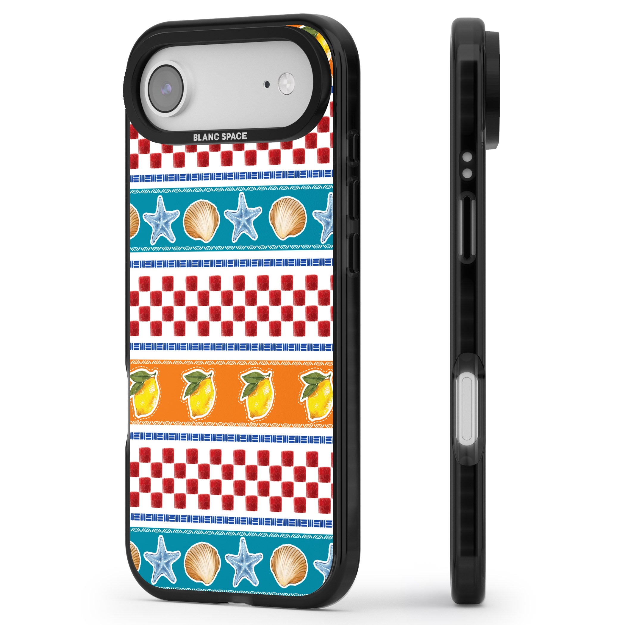 Coastal Italian Check Pattern iPhone 17 Air Impact Pro Black Phone Case Side Profile