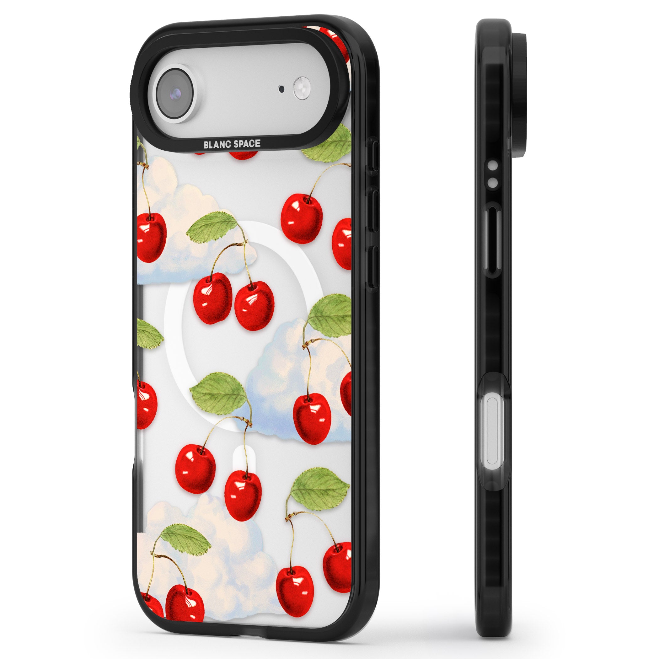 Vintage Cherries & Clouds iPhone 17 Air Impact Pro Black Phone Case Side Profile