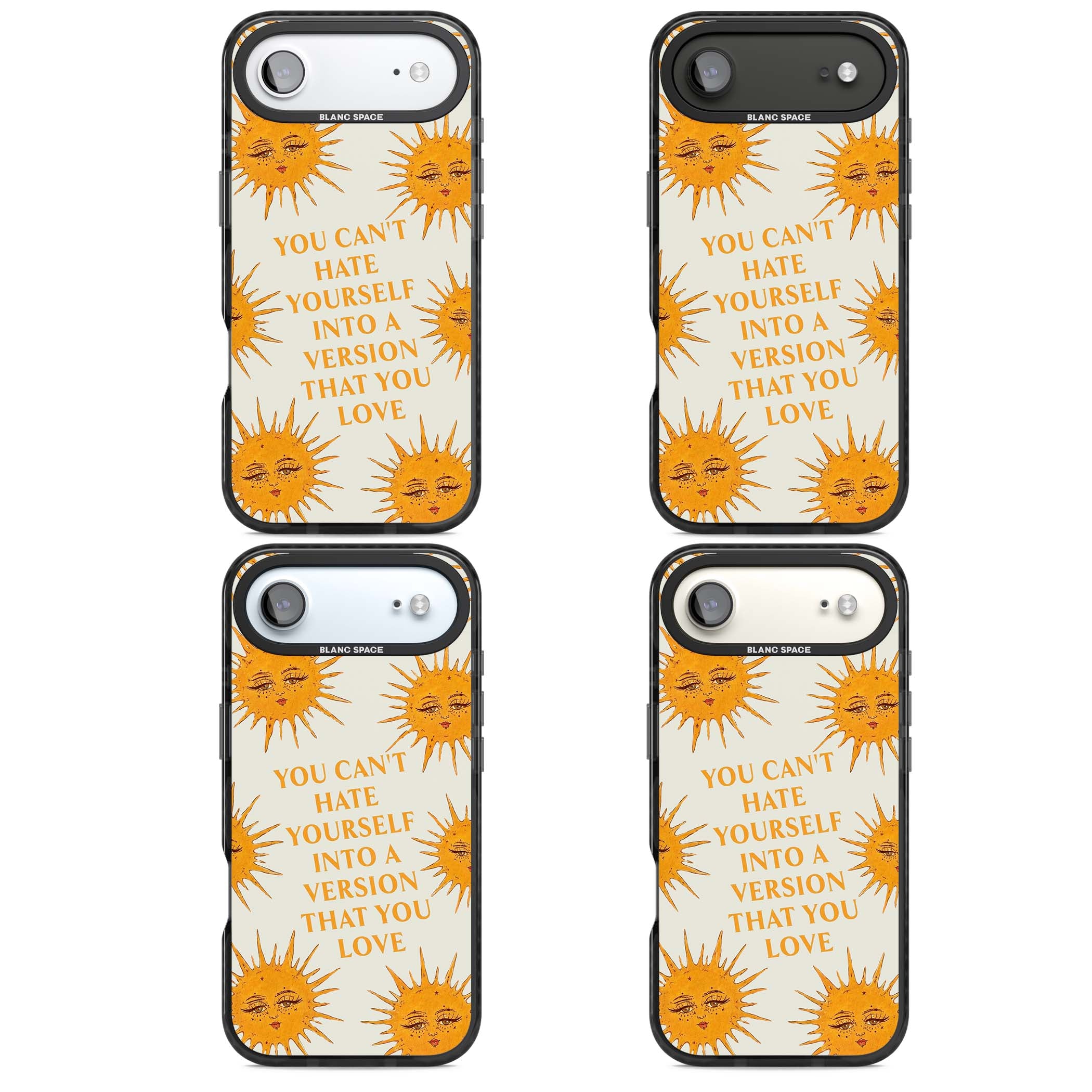 Don't Hate Yourself celestial iPhone case featuring vintage sun faces, ochre rays and a self-love quote | Black Impact Magsafe case for iPhone Air