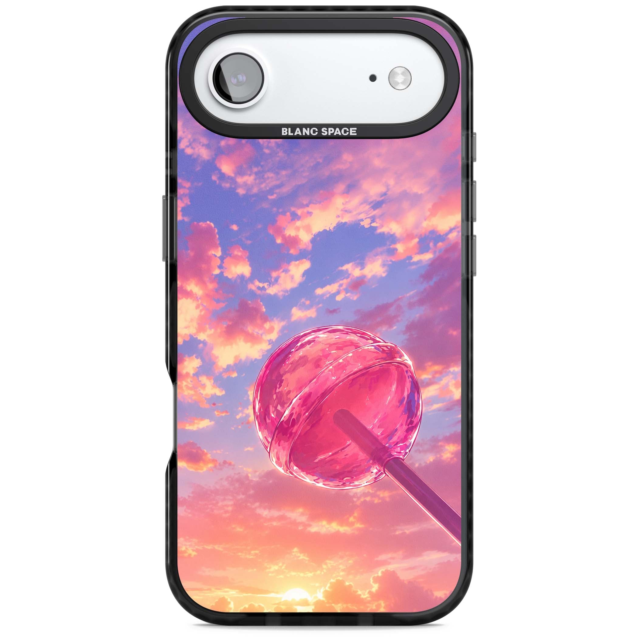 Sugar Sunset candy aesthetic iPhone case featuring a pink lollipop, pastel sunset sky and dreamy clouds | Black Impact Magsafe case for iPhone Air