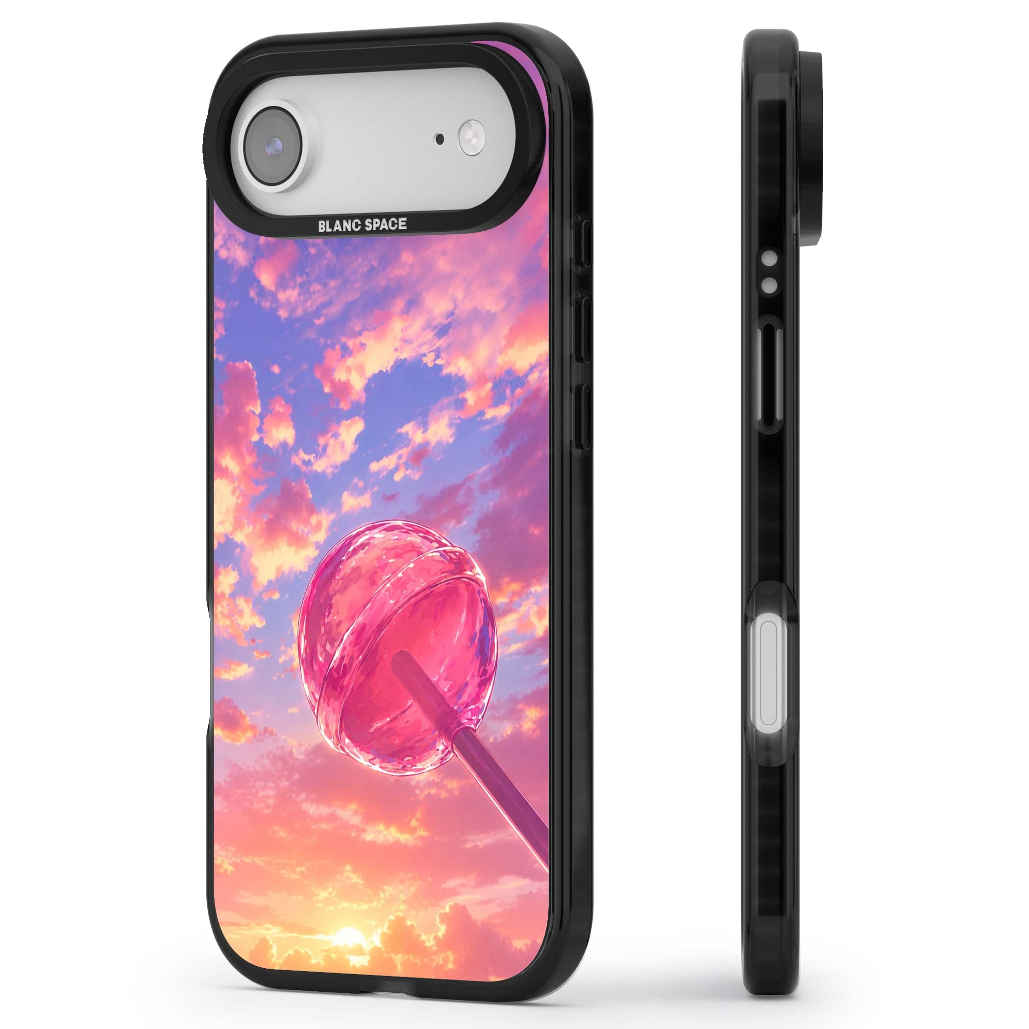 Sugar Sunset candy aesthetic iPhone case featuring a pink lollipop, pastel sunset sky and dreamy clouds | Black Impact Magsafe case for iPhone Air