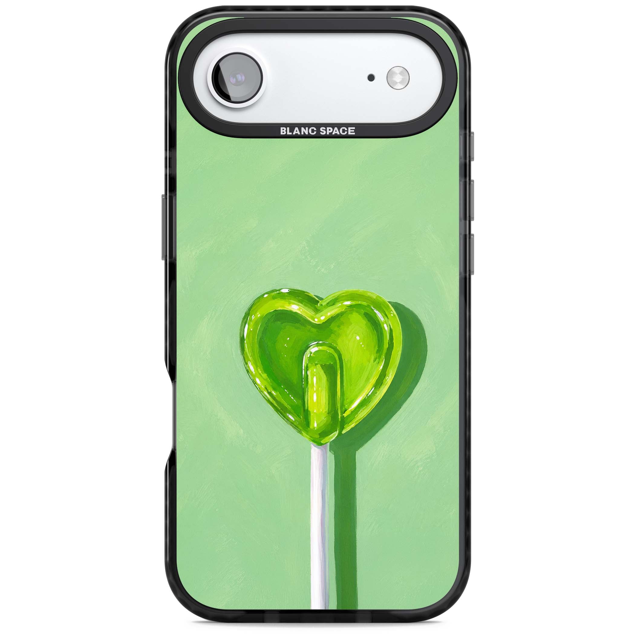 Green Lollipop candy art iPhone case featuring a glossy green heart-shaped lollipop on a painted pastel green background | Black Impact Magsafe case for iPhone Air