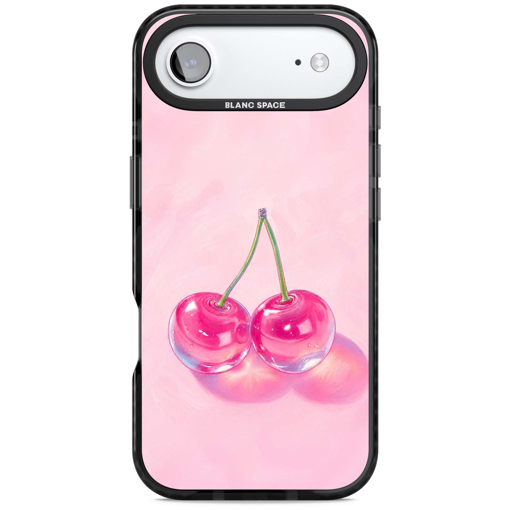 Pink Glass Cherry coquette iPhone case featuring two glossy painted cherries on a soft pink background | Black Impact Magsafe case for iPhone Air