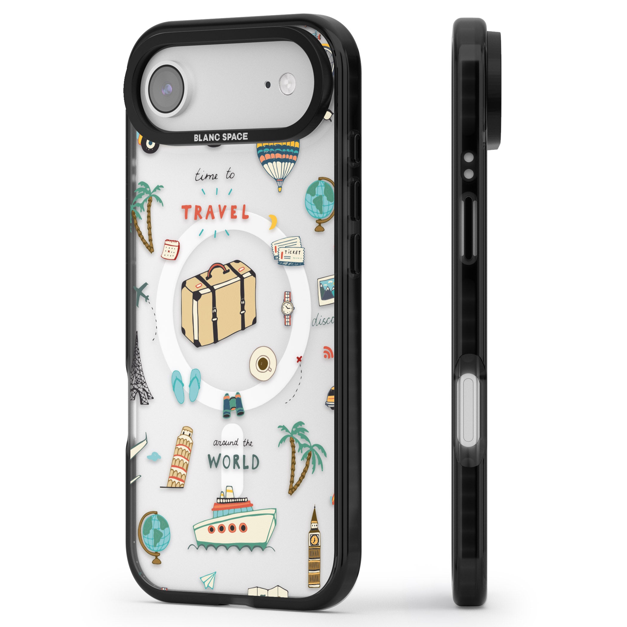 Cute Travel Pattern Transparent iPhone 17 Air Impact Pro Black Phone Case Side Profile