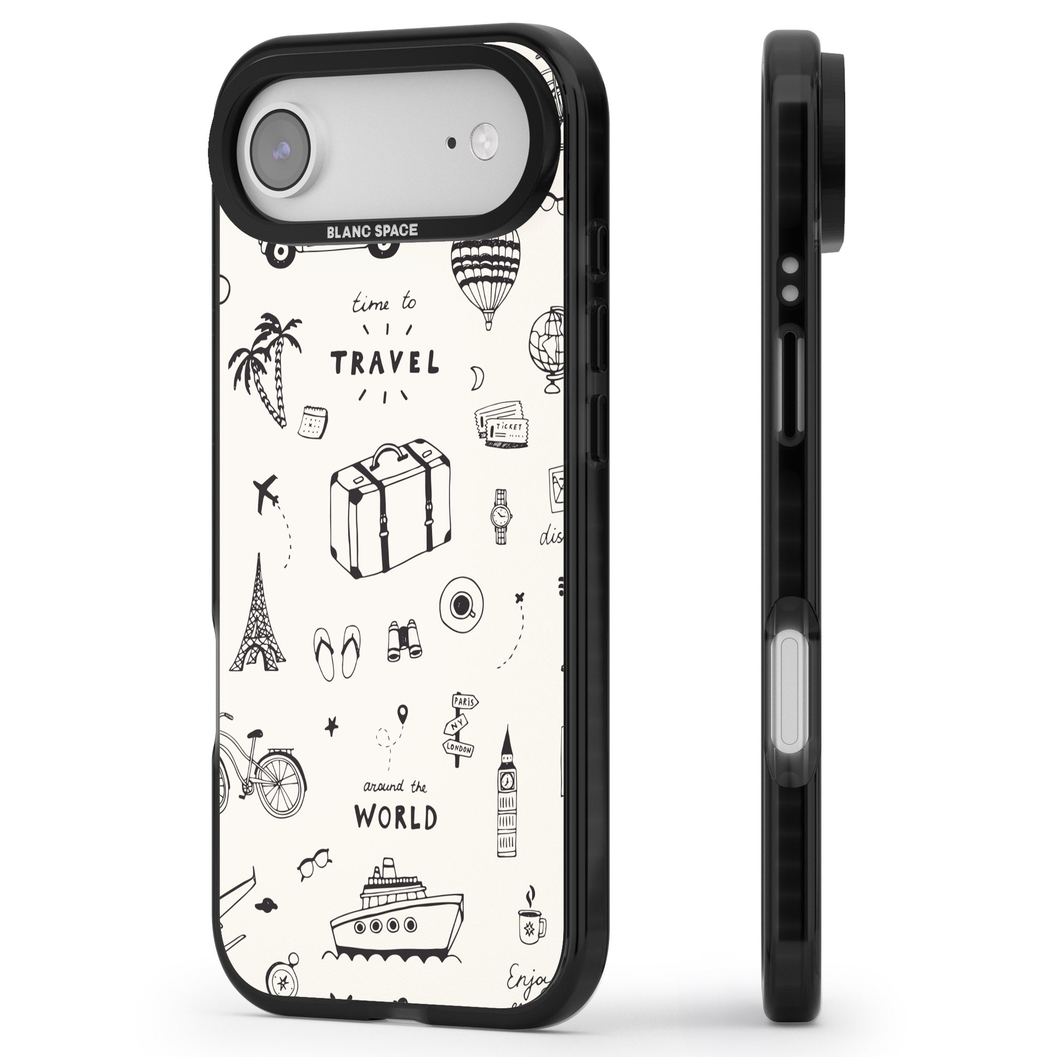 Cute Travel Pattern, White On iPhone 17 Air Impact Pro Black Phone Case Side Profile