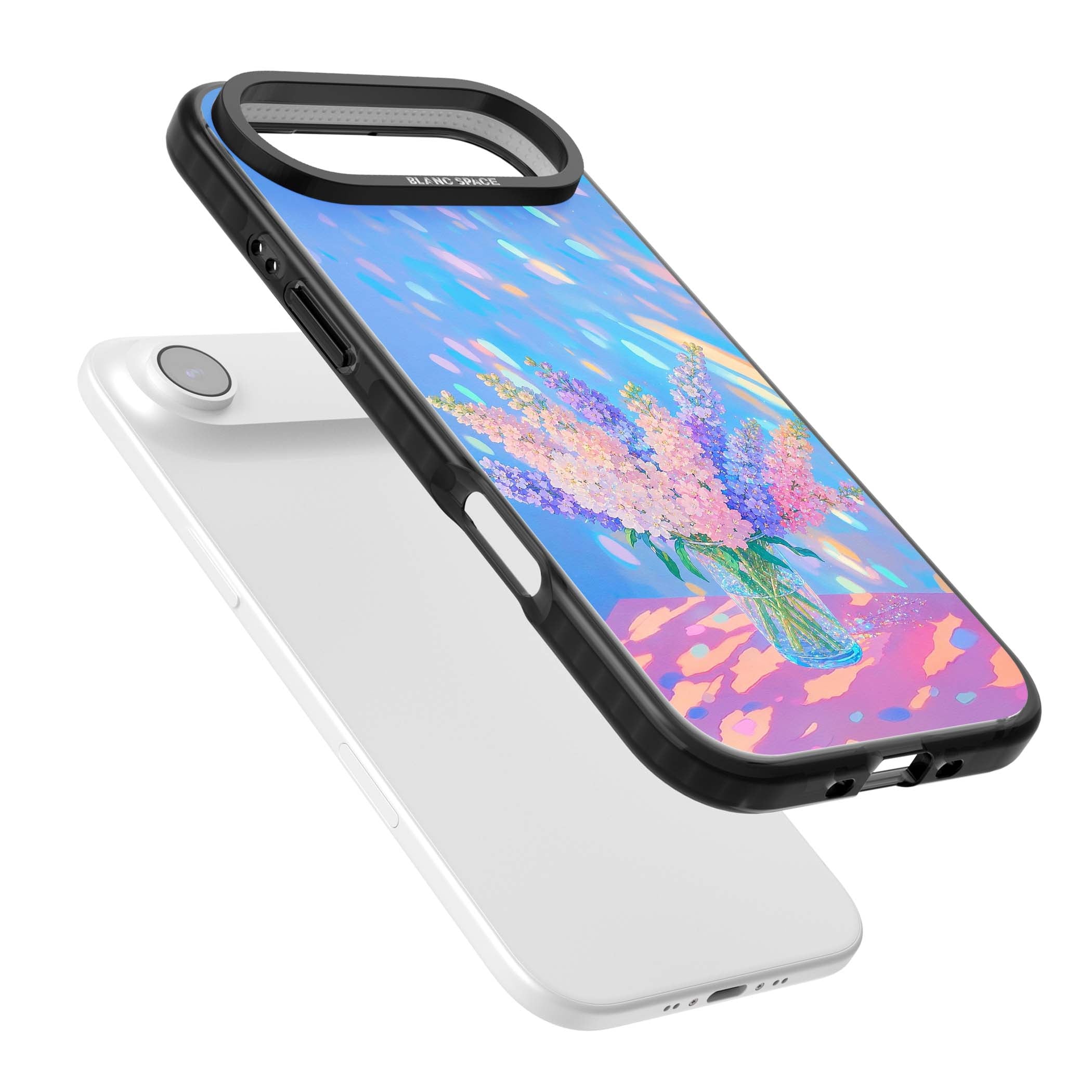 Bubblegum Flowers floral iPhone case featuring pastel lilac and pink bouquet in a glass vase with iridescent light | Black Impact Magsafe case for iPhone Air