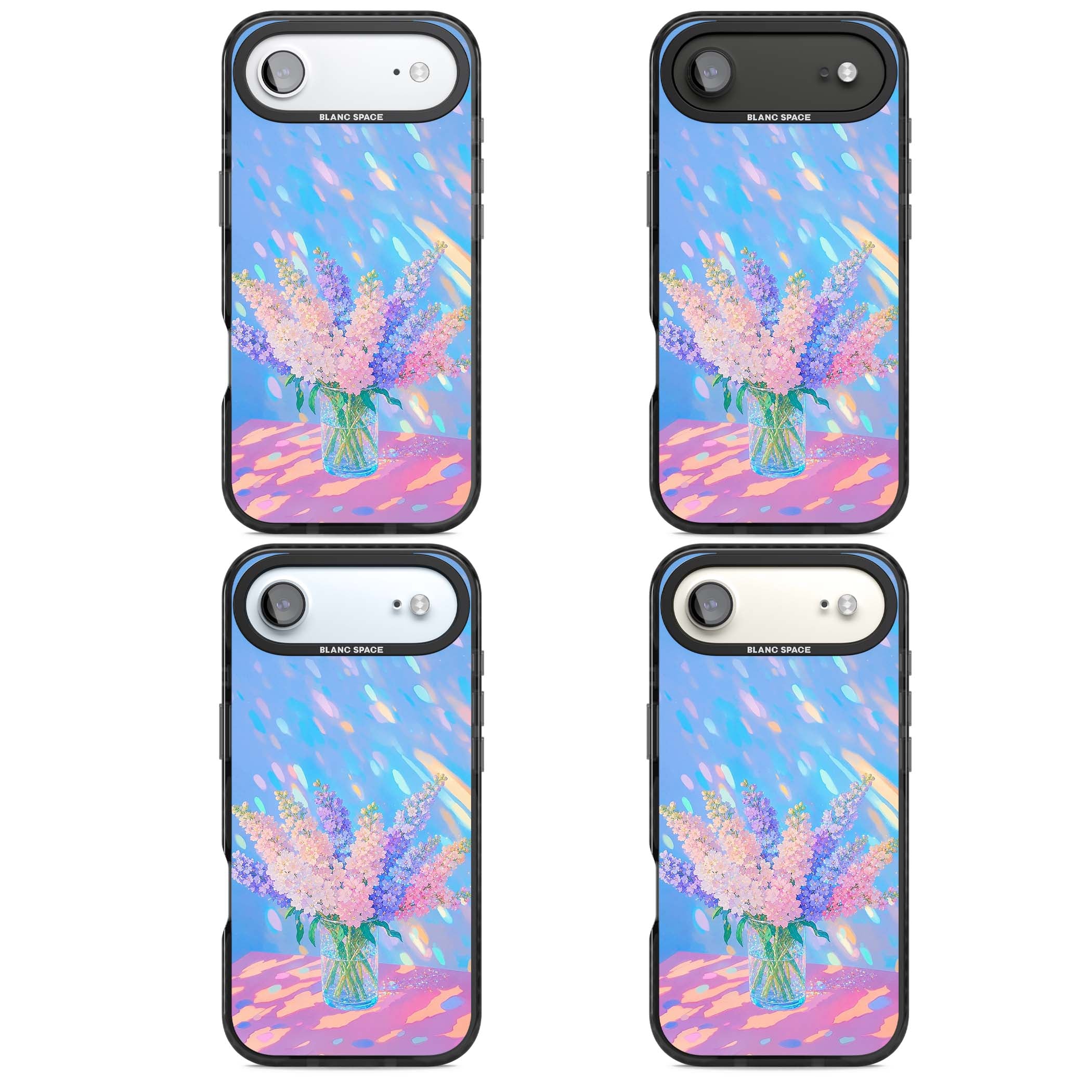 Bubblegum Flowers floral iPhone case featuring pastel lilac and pink bouquet in a glass vase with iridescent light | Black Impact Magsafe case for iPhone Air