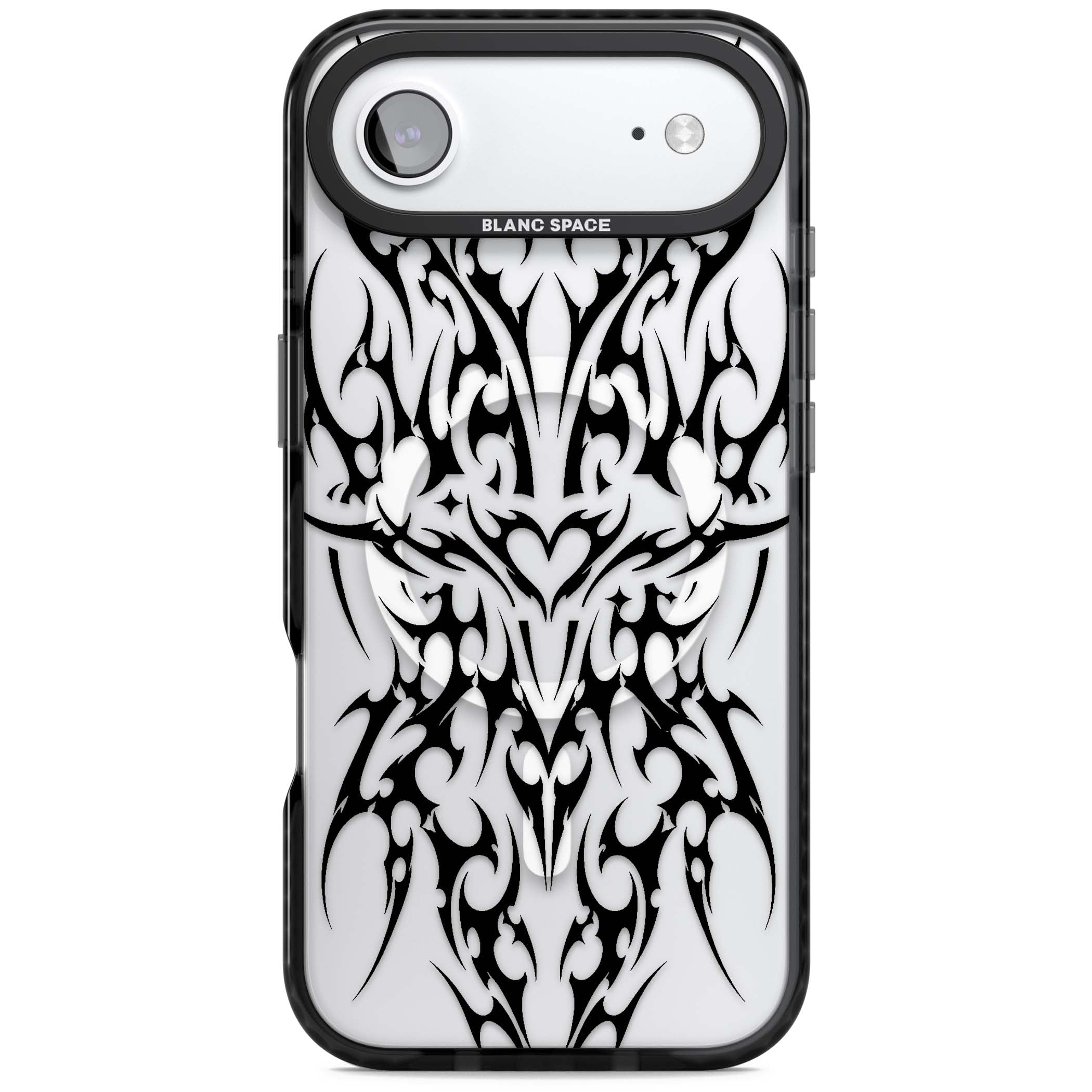 Neo Tribal Heart gothic iPhone case featuring symmetrical black tribal tattoo art with sharp thorn-like linework | Black Impact Magsafe case for iPhone Air