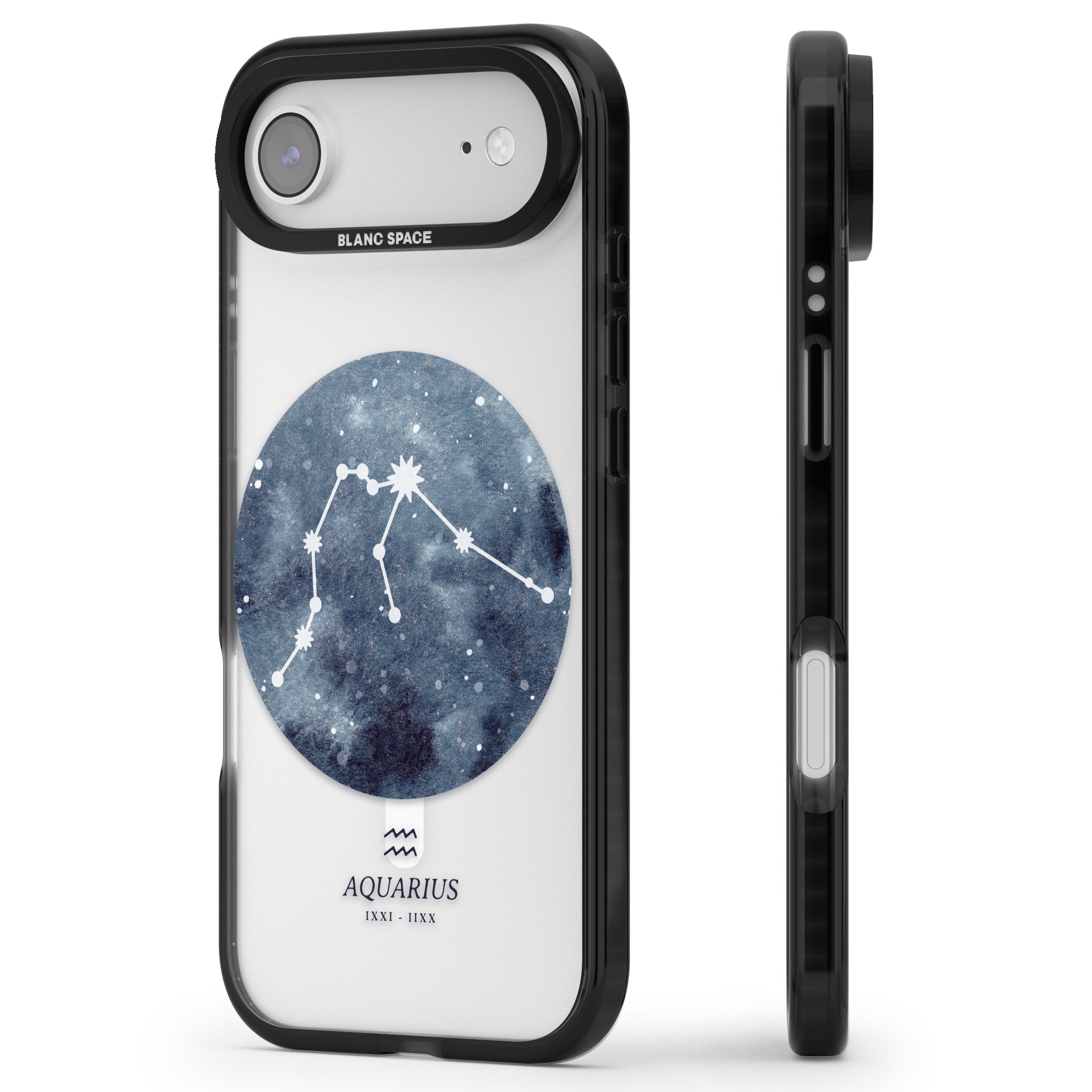 Aquarius Zodiac Blue iPhone 17 Air Impact Pro Black Phone Case Side Profile