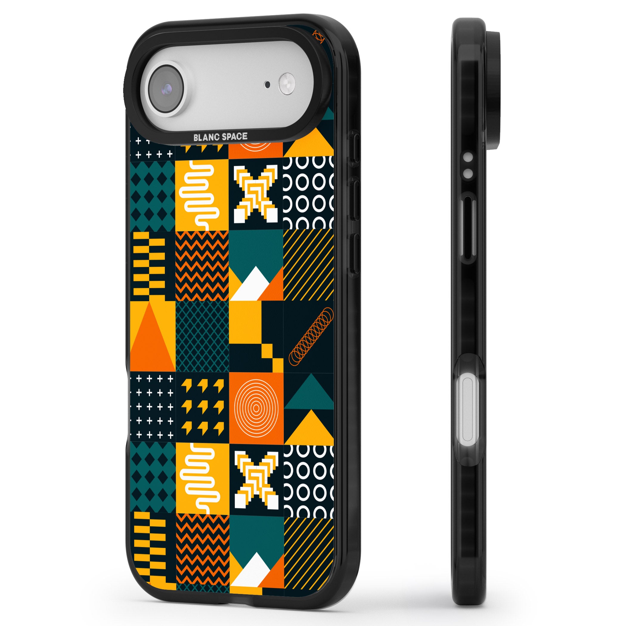 Funky Geometric Patterns: Orange & Dark Green iPhone 17 Air Impact Black Phone Case Side Profile
