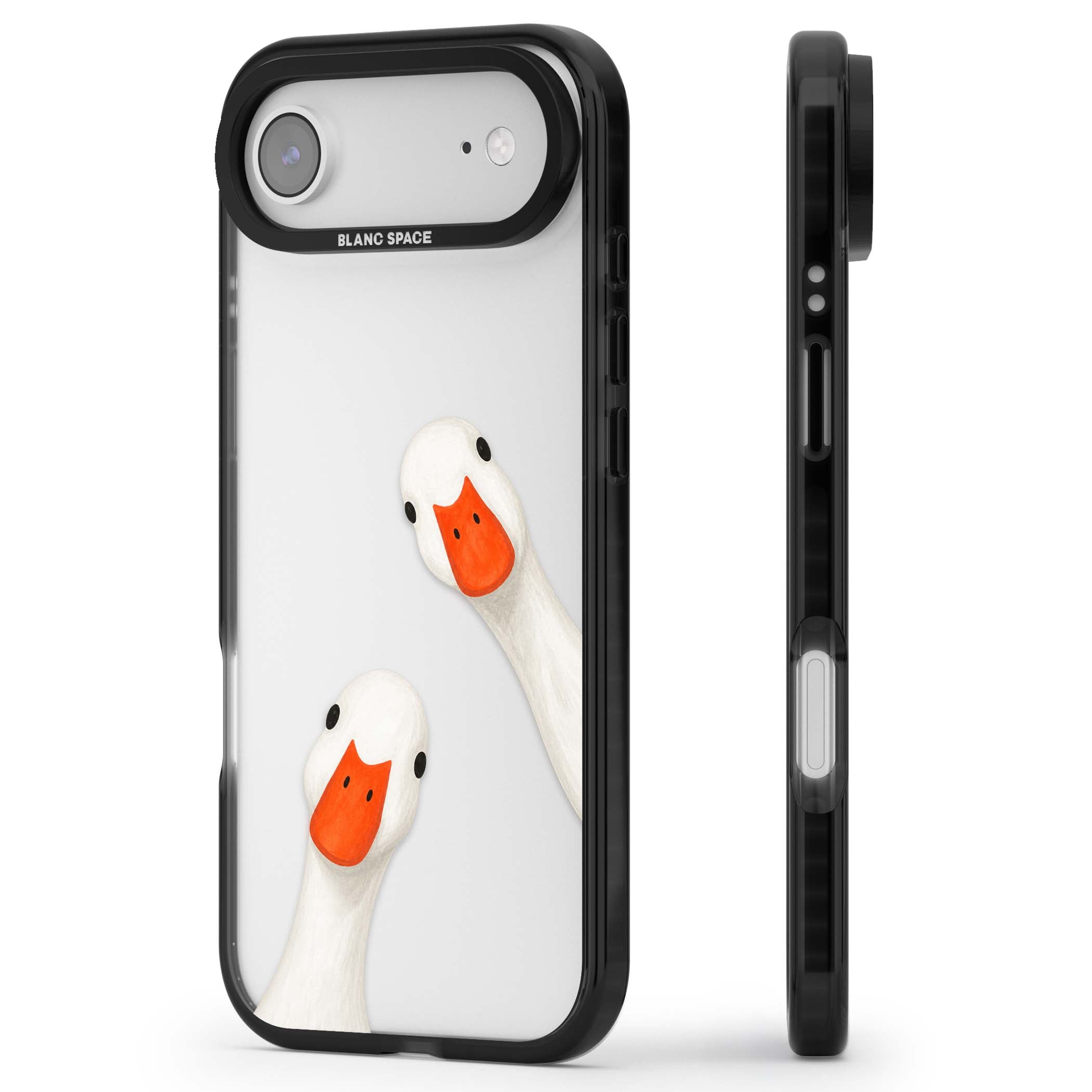 Nosy Ducks cottagecore iPhone case featuring two peeking white ducks with orange beaks on a clear background | Clear Impact case for iPhone Air
