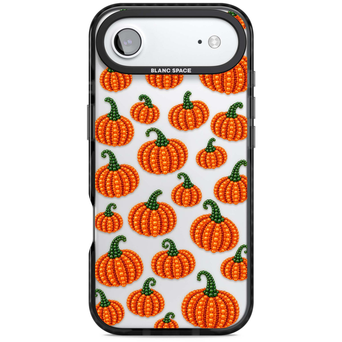 Beaded Pumpkins halloween iPhone case featuring beaded orange pumpkins with green stems on a clear background | Clear Impact case for iPhone Air