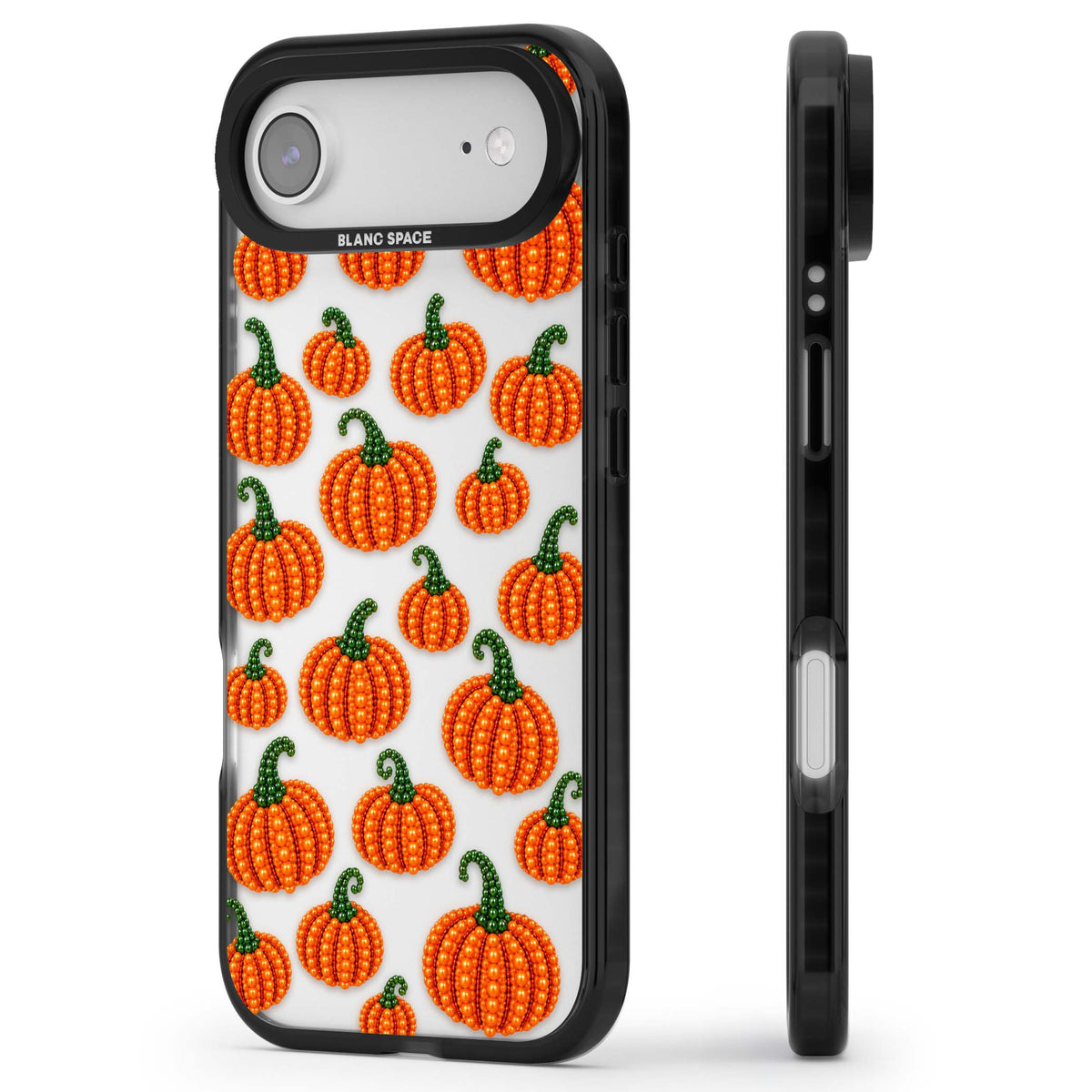 Beaded Pumpkins halloween iPhone case featuring beaded orange pumpkins with green stems on a clear background | Clear Impact case for iPhone Air