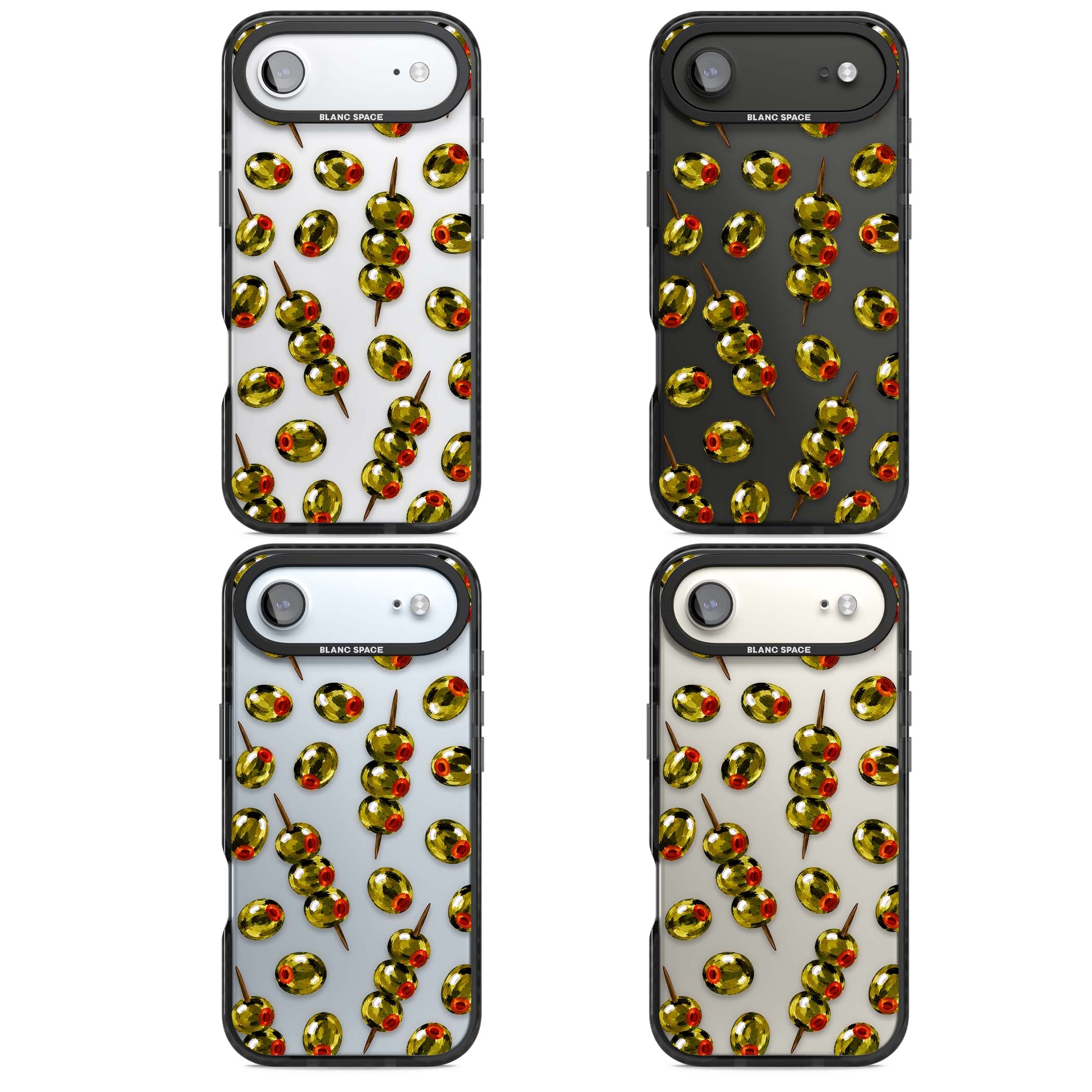 Painted Olives cocktail iPhone case featuring green olives, pimento centres and toothpick skewers on a clear background | Clear Impact case for iPhone Air