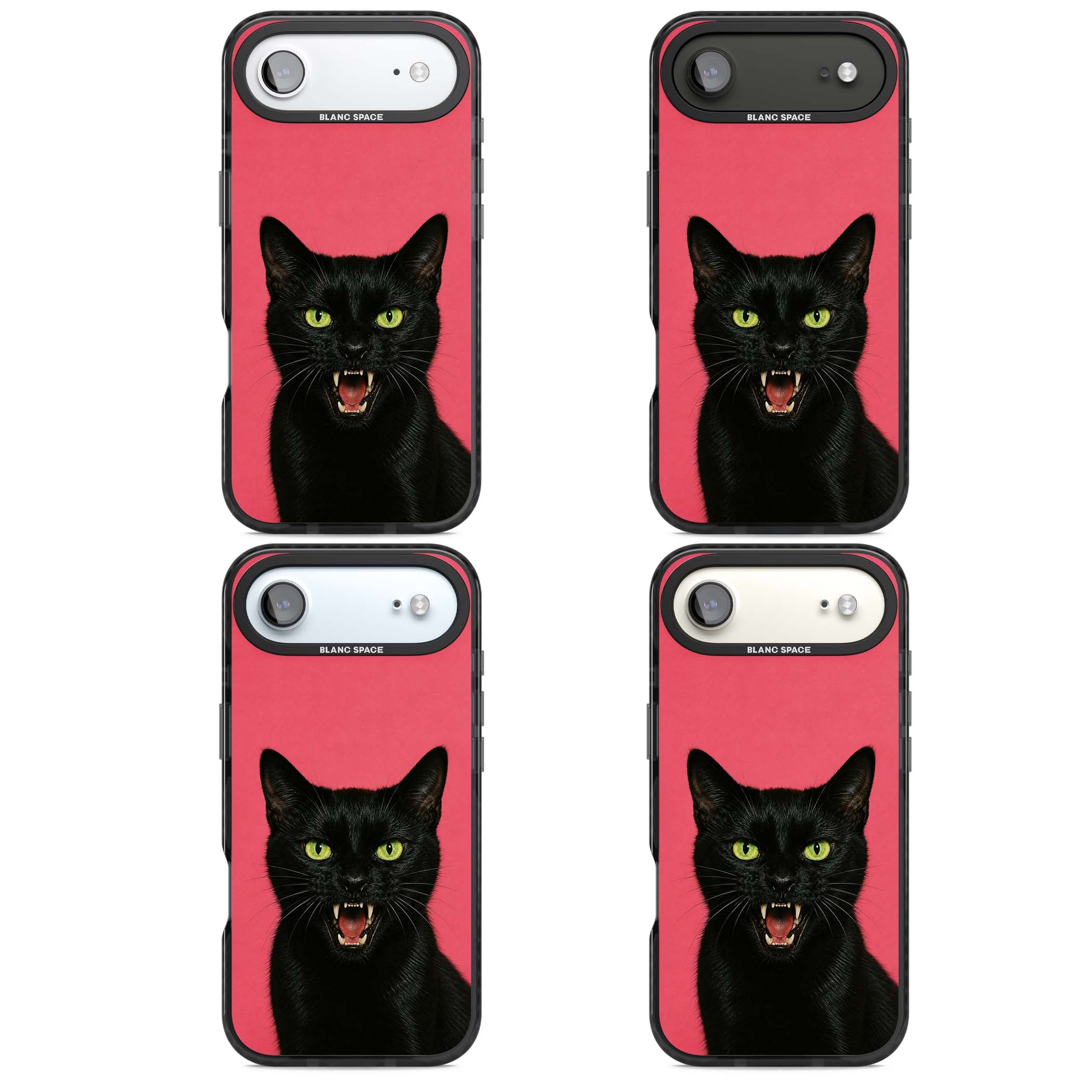 Hissin' Baddie black cat iPhone case featuring a hissing feline with green eyes on a hot pink background | Clear Impact case for iPhone Air