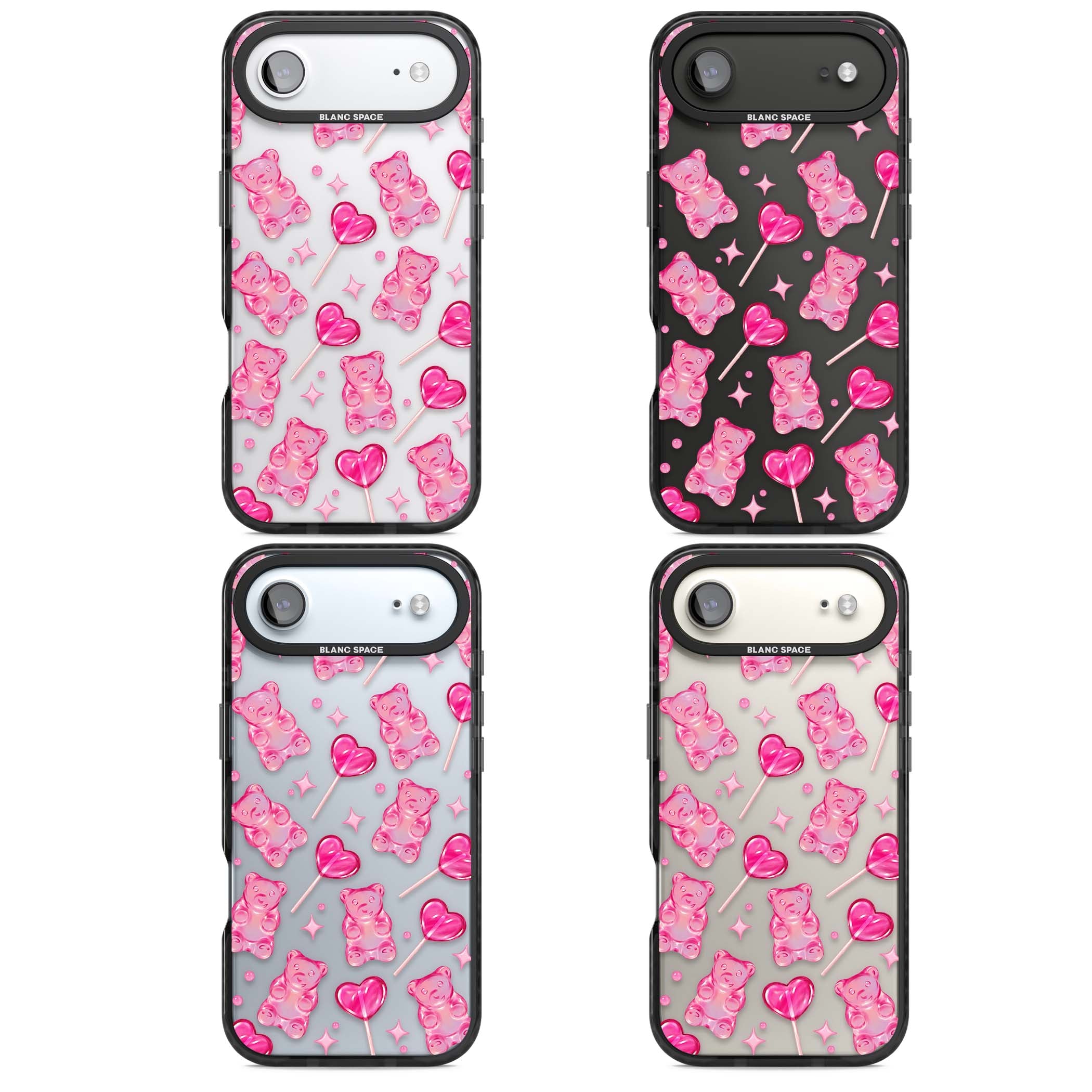 Pink Sugar pinkcore iPhone case featuring pink gummy bears, heart-shaped lollipops and sparkle stars | Clear Impact case for iPhone Air