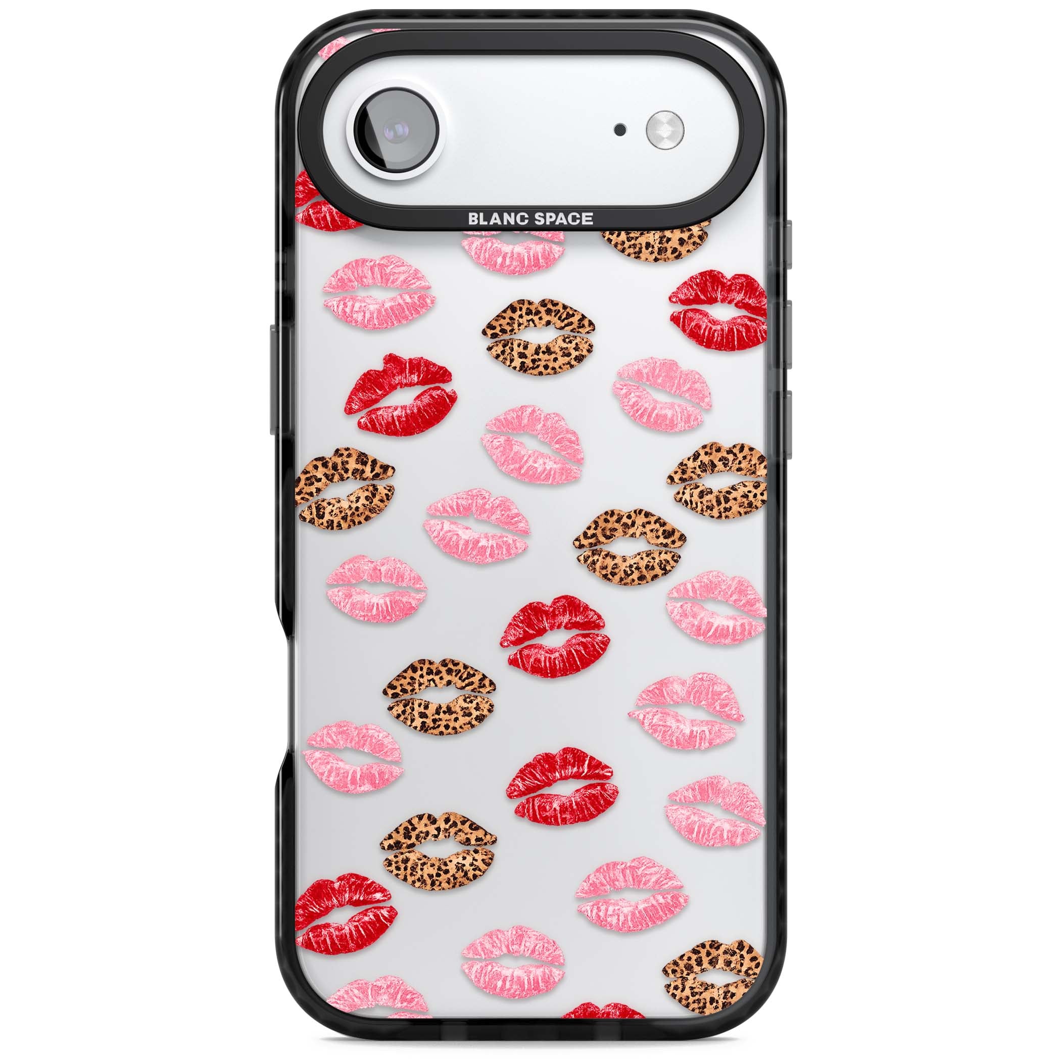 Wild Kisses coquette iPhone case featuring red, pink and leopard print lipstick kiss marks on a clear background | Clear Impact case for iPhone Air