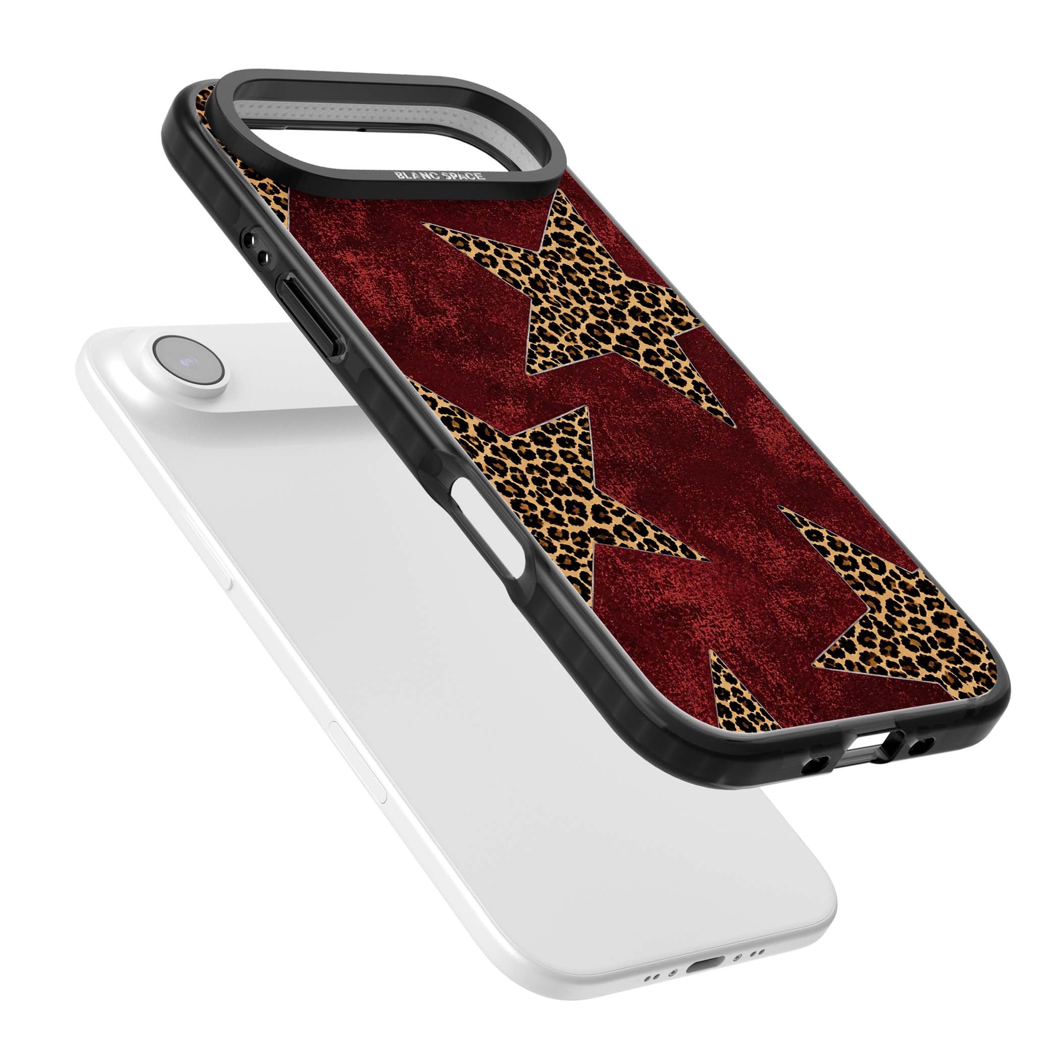 Showgirl leopard print iPhone case featuring cheetah print stars on distressed red grunge background | Clear Impact case for iPhone Air