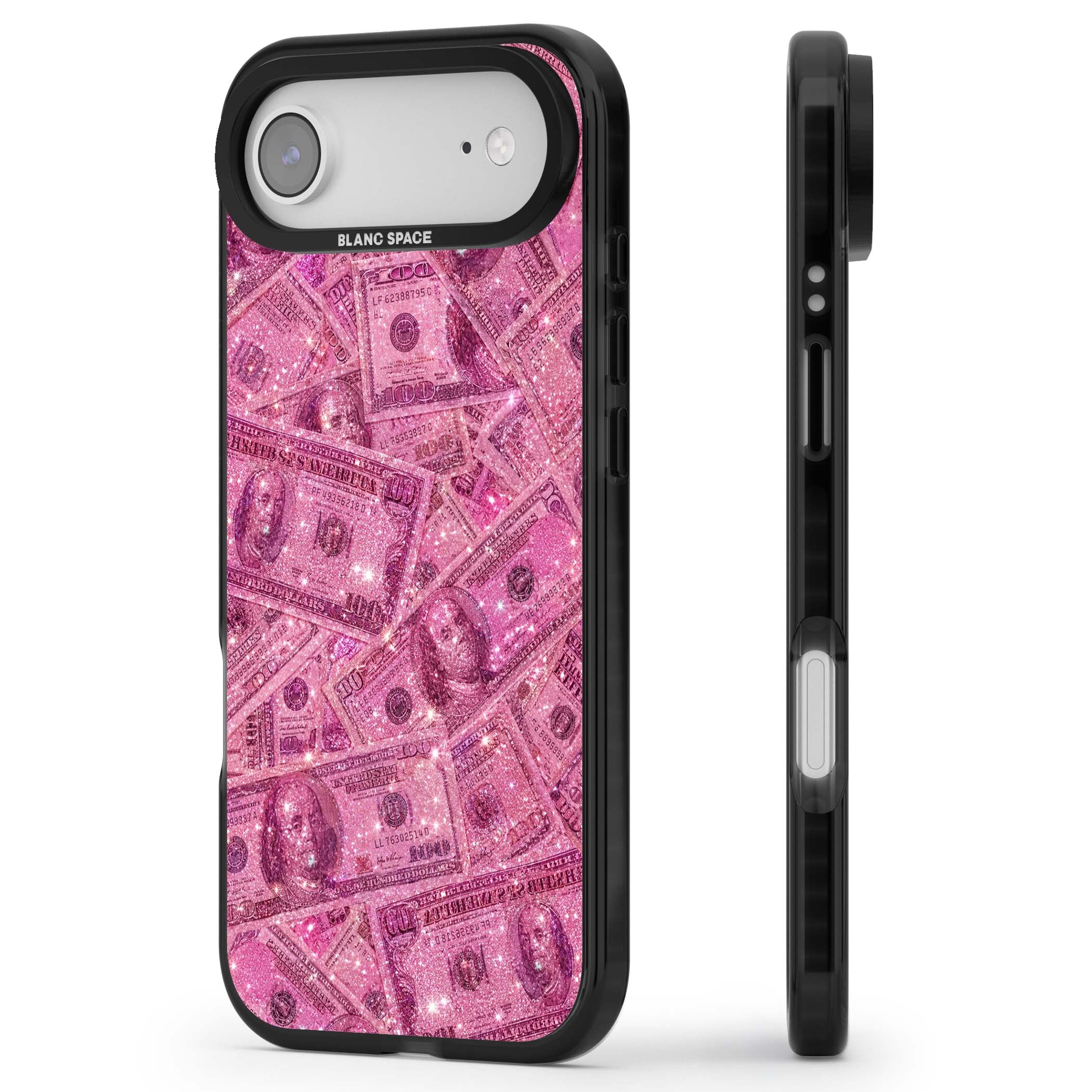 Glamorous baddie iPhone case featuring pink glitter hundred dollar bills and sparkling money wallpaper design | Clear Impact case for iPhone Air