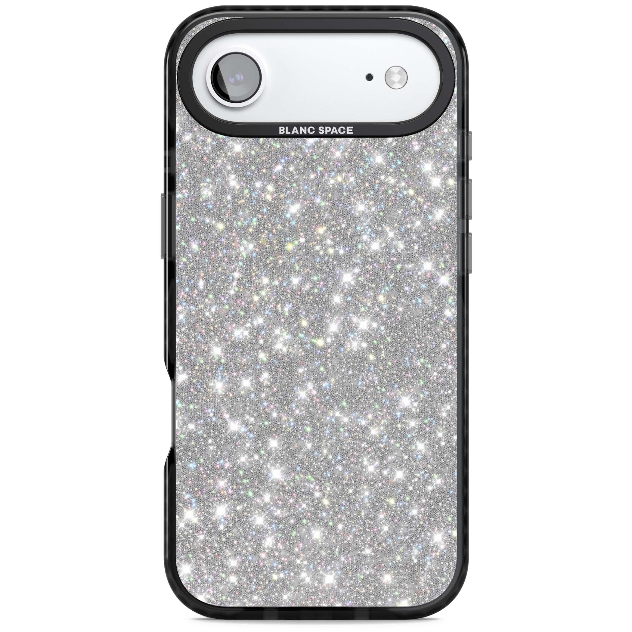 Diamond glam iPhone case featuring silver glitter sparkle and shimmering diamond dust effect | Clear Impact case for iPhone Air