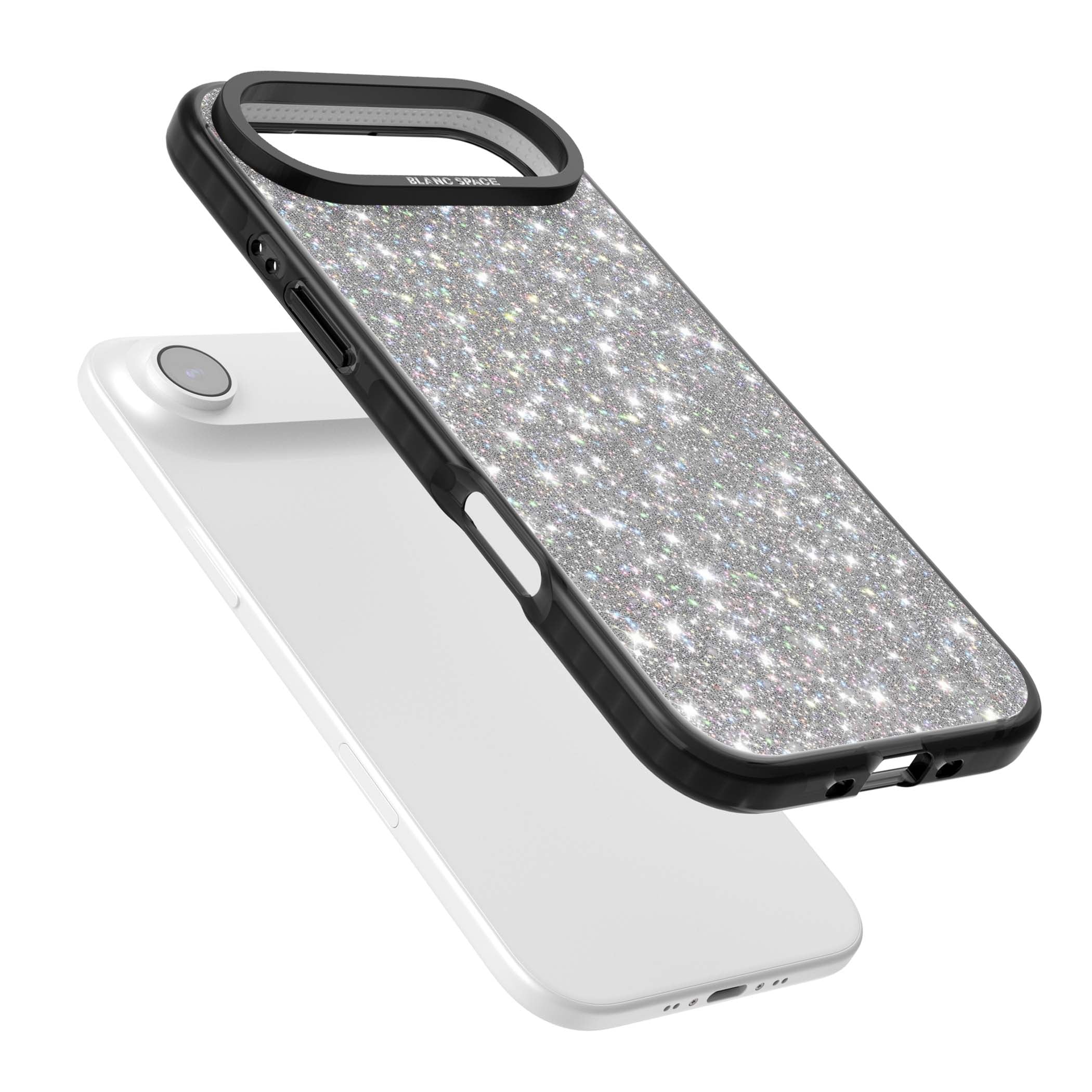 Diamond glam iPhone case featuring silver glitter sparkle and shimmering diamond dust effect | Clear Impact case for iPhone Air