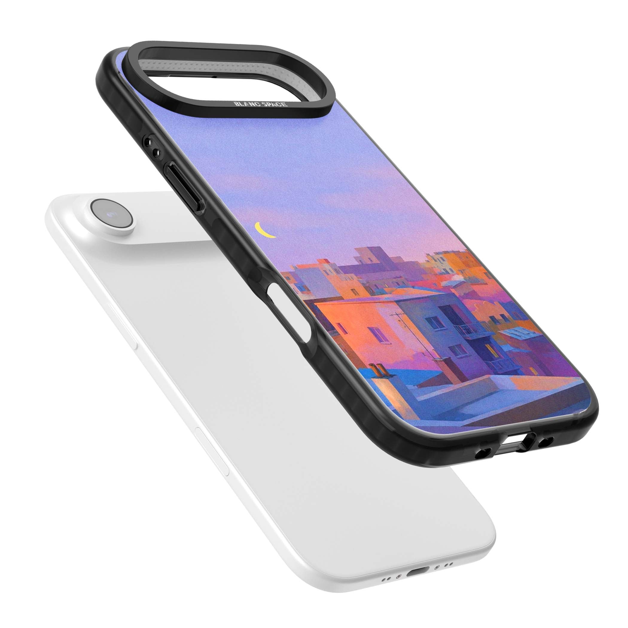 Twilight Rooftops vaporwave iPhone case featuring a pastel sunset cityscape, painted rooftops and a crescent moon. | Clear Impact case for iPhone Air