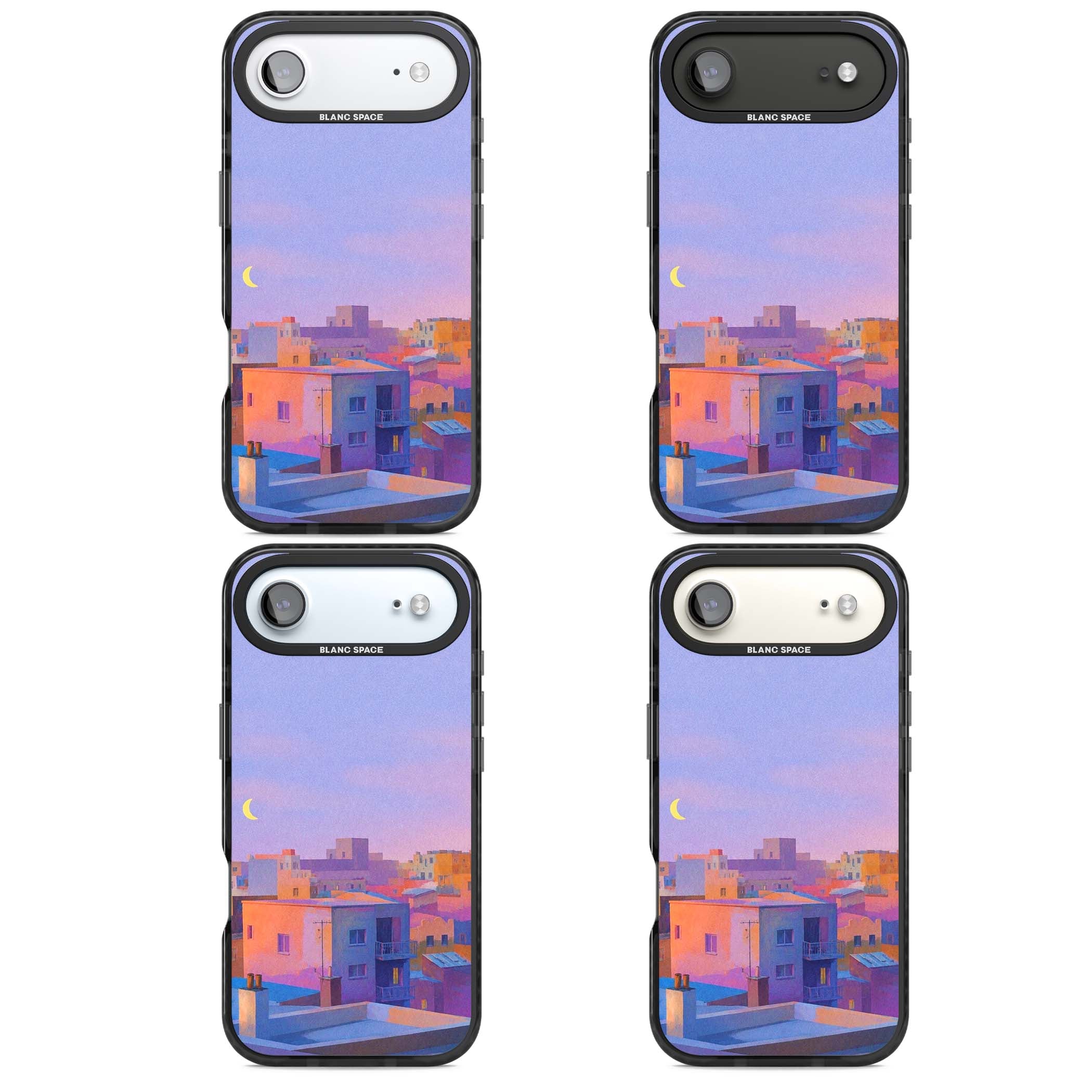 Twilight Rooftops vaporwave iPhone case featuring a pastel sunset cityscape, painted rooftops and a crescent moon. | Clear Impact case for iPhone Air