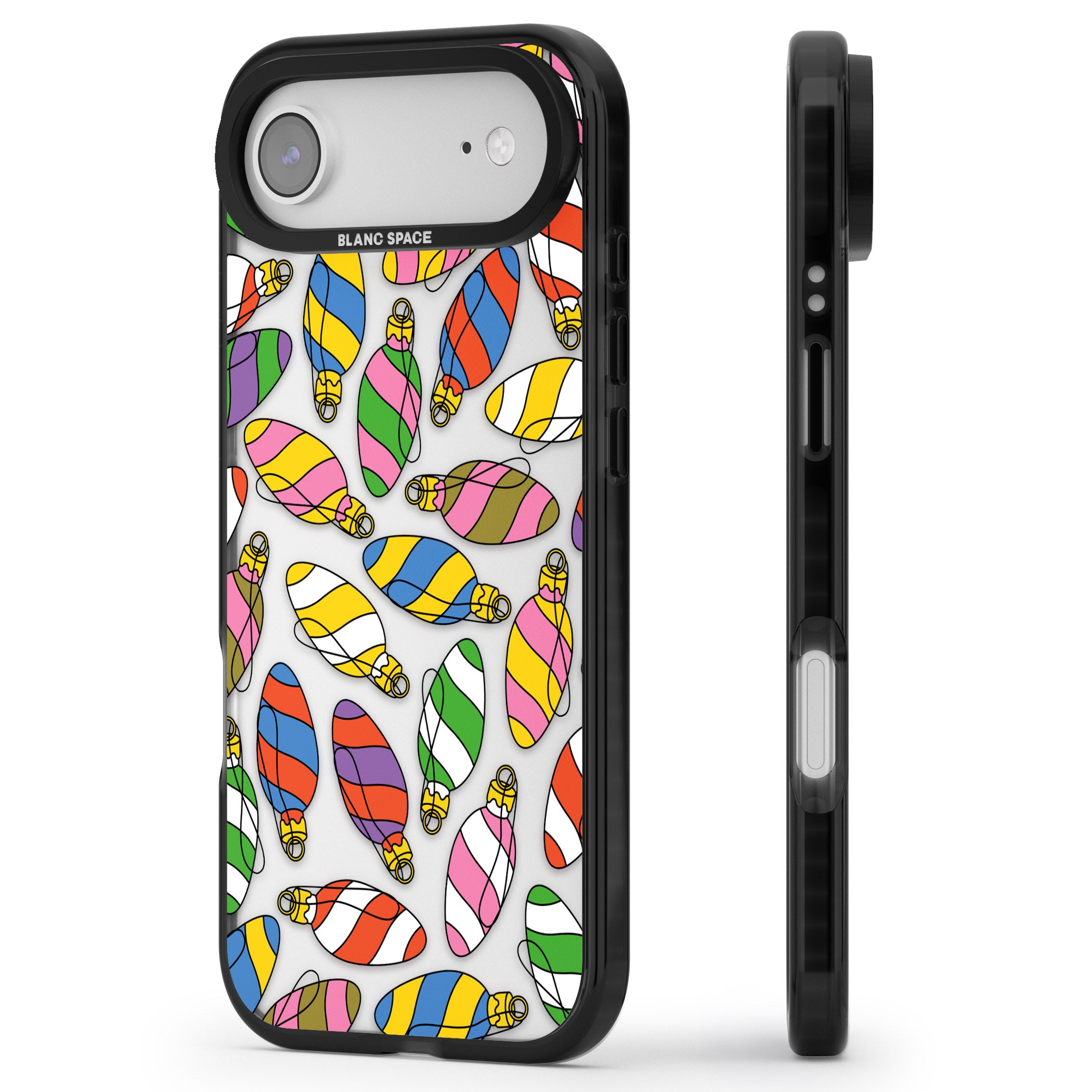 Colourful Holiday Ornaments iPhone 17 Air Impact Black Phone Case Side Profile