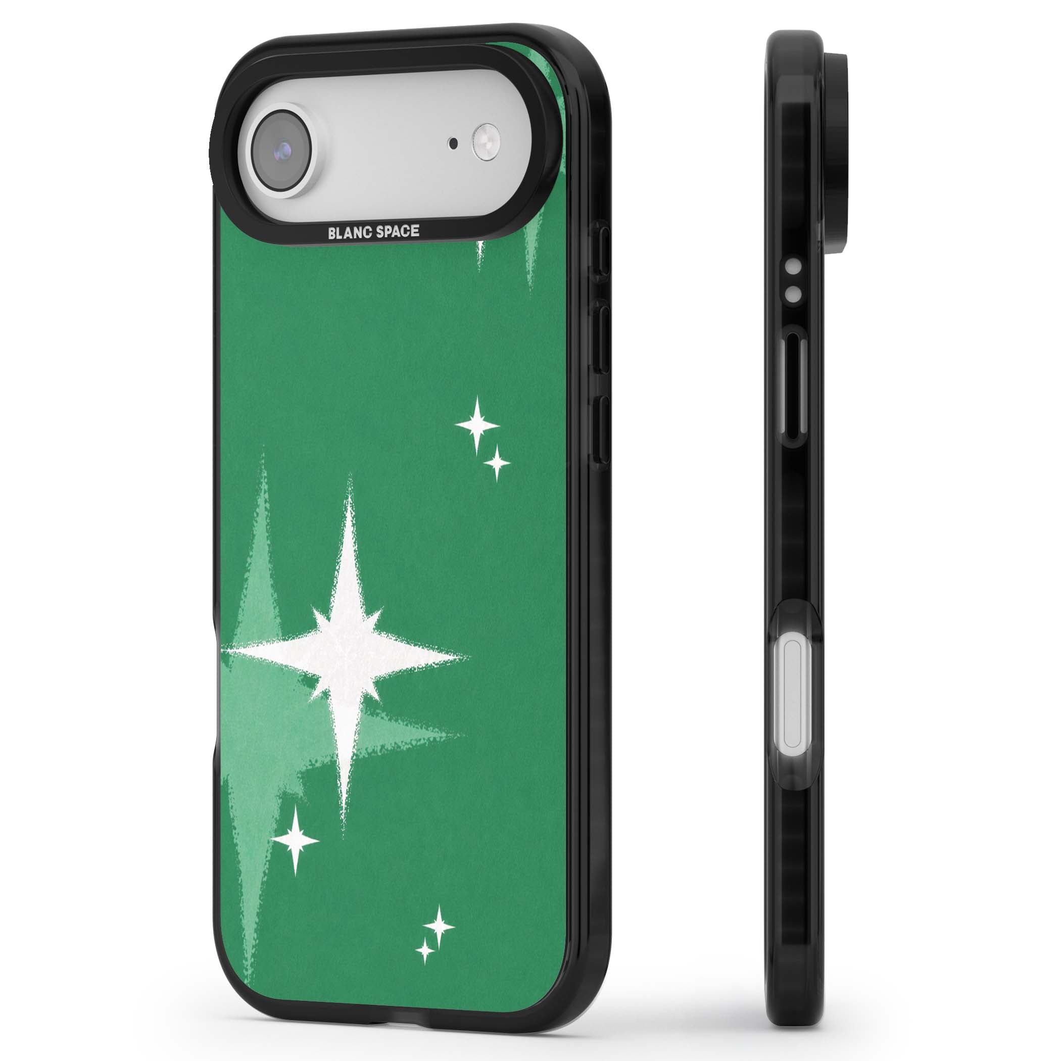 Green Sparkle celestial iPhone case featuring sparkling white four-point stars on a deep green background | Clear Impact case for iPhone Air